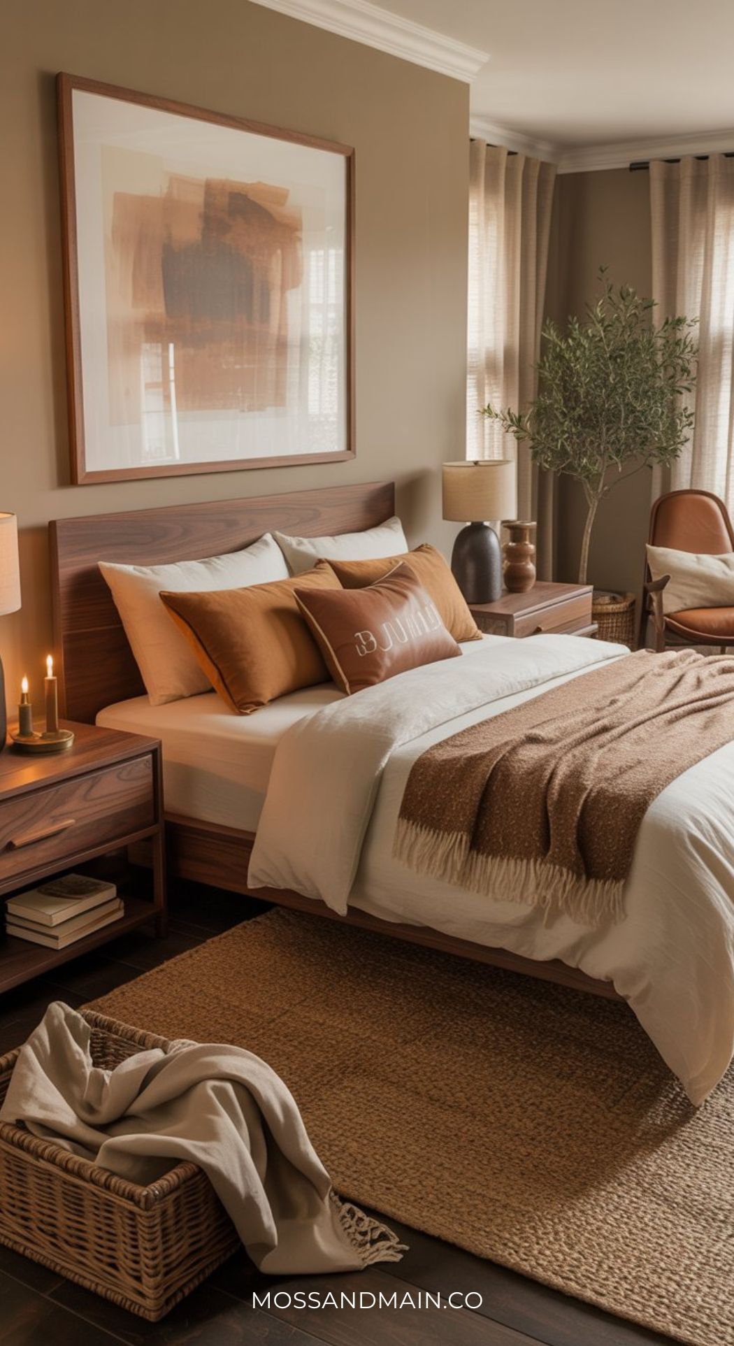A cozy bedroom with a wooden bed, earth-toned bedding, and two nightstands offers warm bedroom ideas; a jute rug, wicker basket with blanket, abstract art above the bed, and potted plant complete this inviting beige bedroom.
