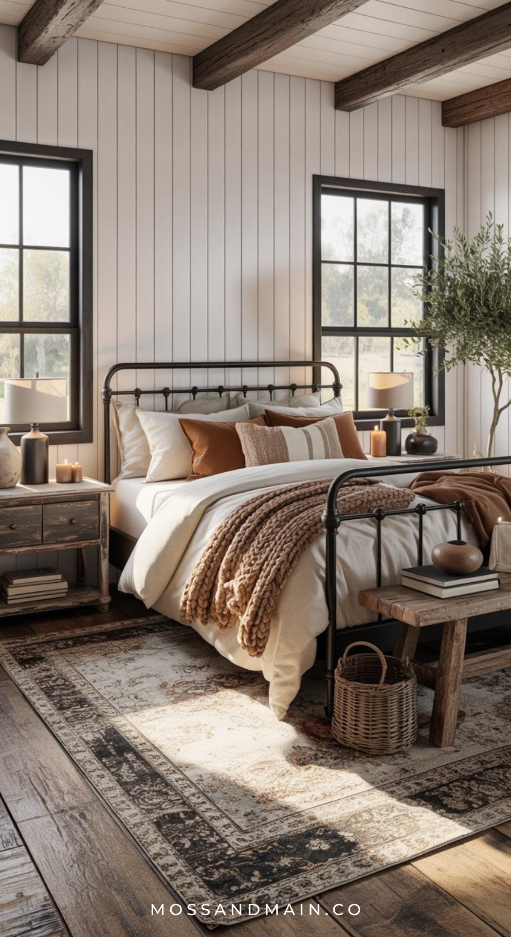 Cozy bedroom with a metal bed frame, neutral bedding, throw pillows, a knit blanket, wooden nightstands, a vintage rug, large windows, wooden beams, and potted plant—perfect inspiration for brown bedroom ideas in a modern farmhouse design.