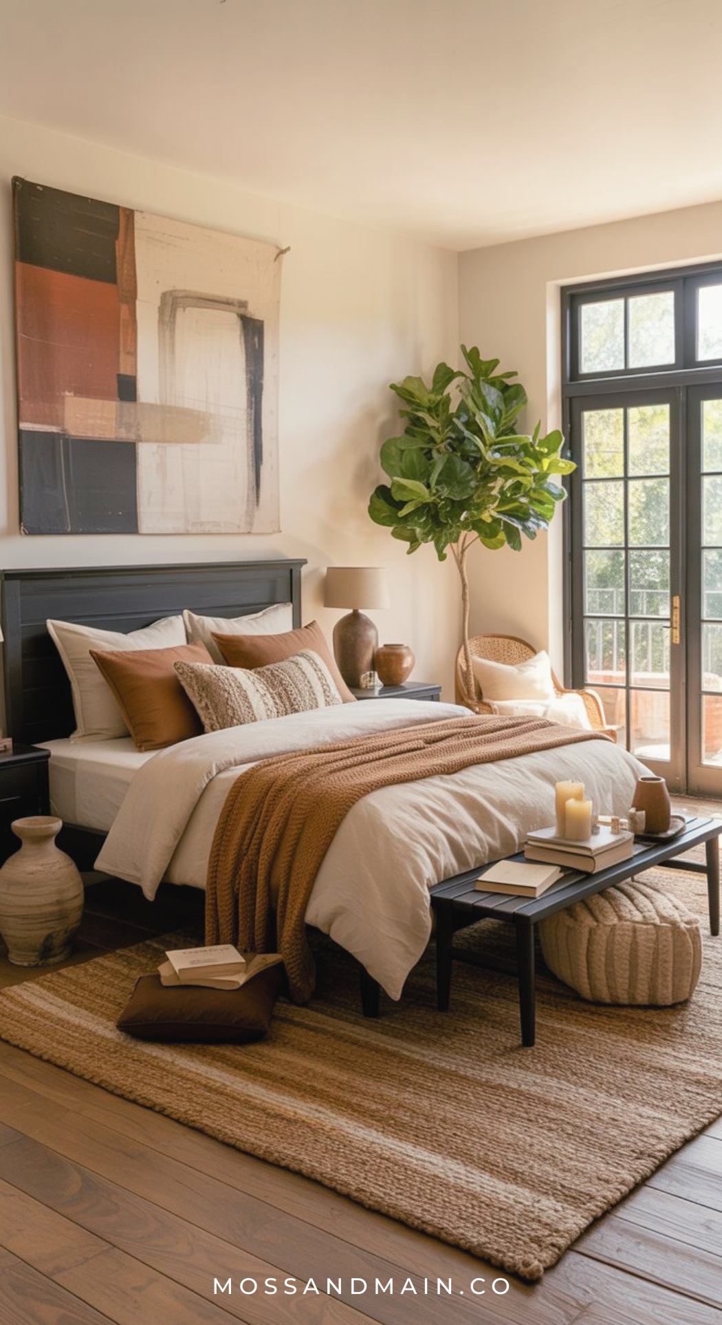 A cozy luxe bedroom with a modern, earthy design features a made bed with brown and beige textiles, a large abstract painting, a potted plant, and natural light—perfect for those seeking inspiring brown bedroom ideas.