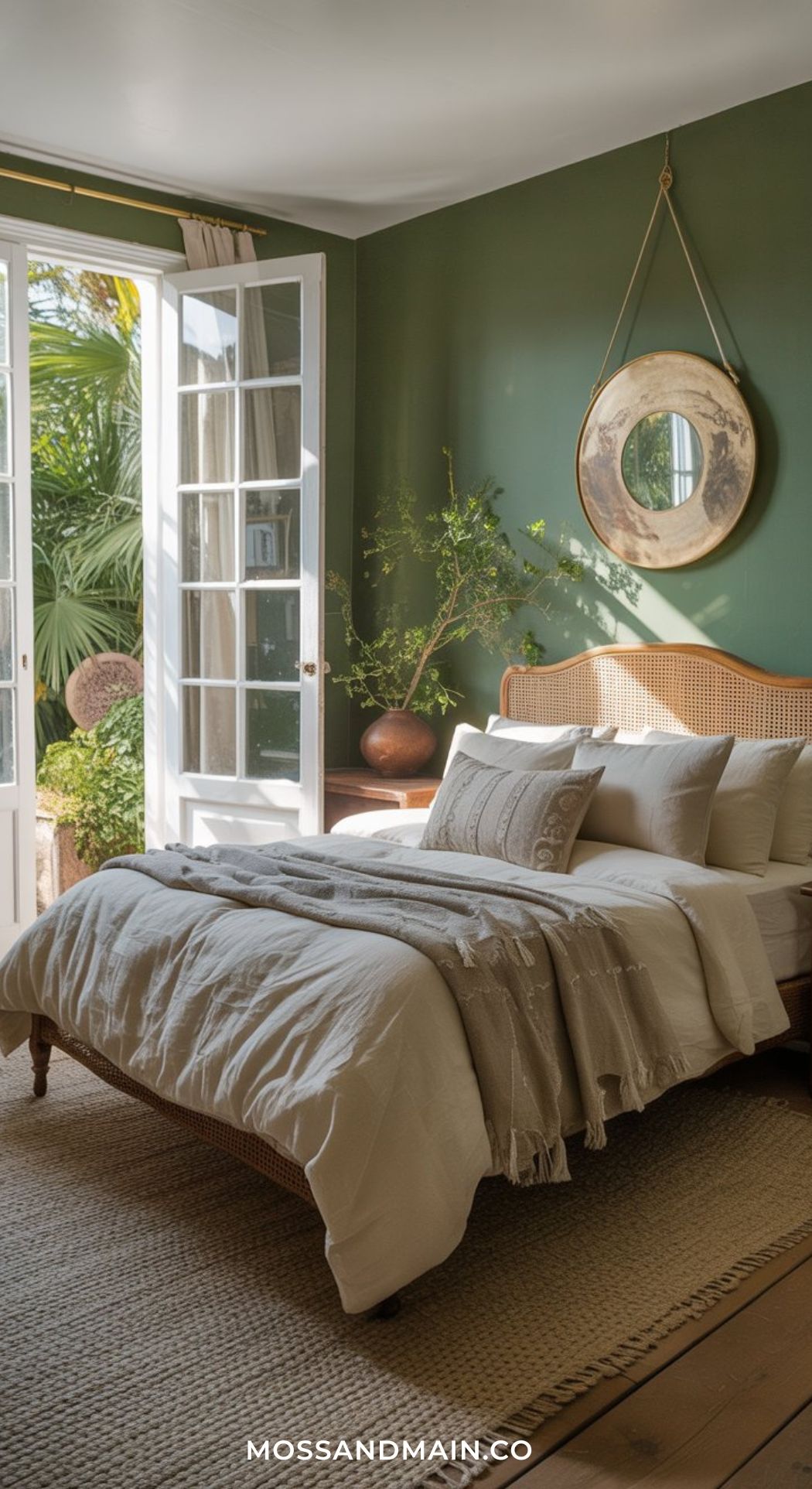 A cozy bedroom inspired by green boho bedroom vibes features green walls, a rattan bed frame, white bedding, a round mirror above the bed, a potted plant, and large French doors opening to a sunny patio with lush greenery outside.