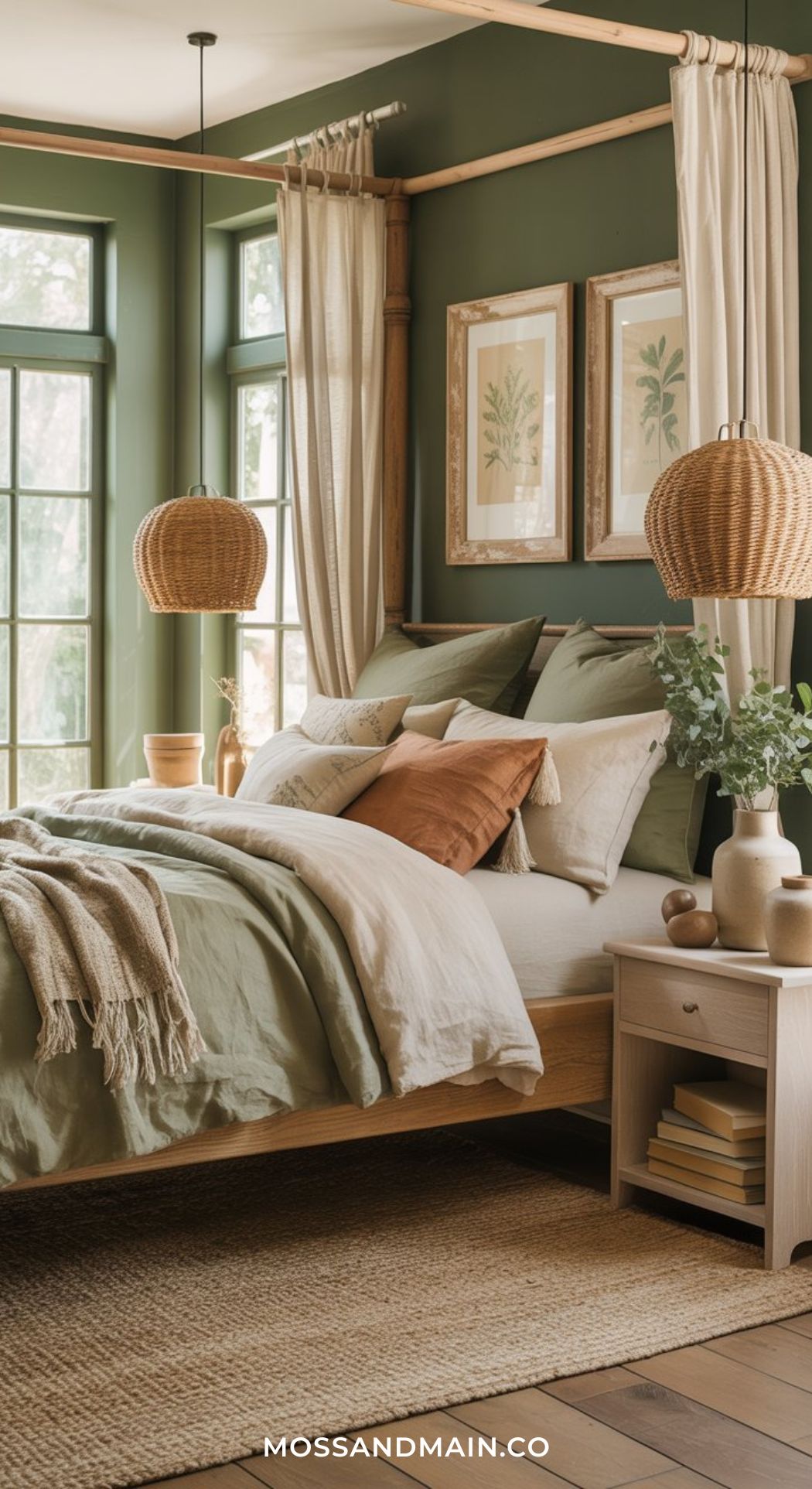 A cozy bedroom with green walls, a wooden bed with layered green and beige bedding, wicker pendant lights, framed botanical prints, a rug, and large windows letting in natural light—perfect for a Green Boho Bedroom vibe.