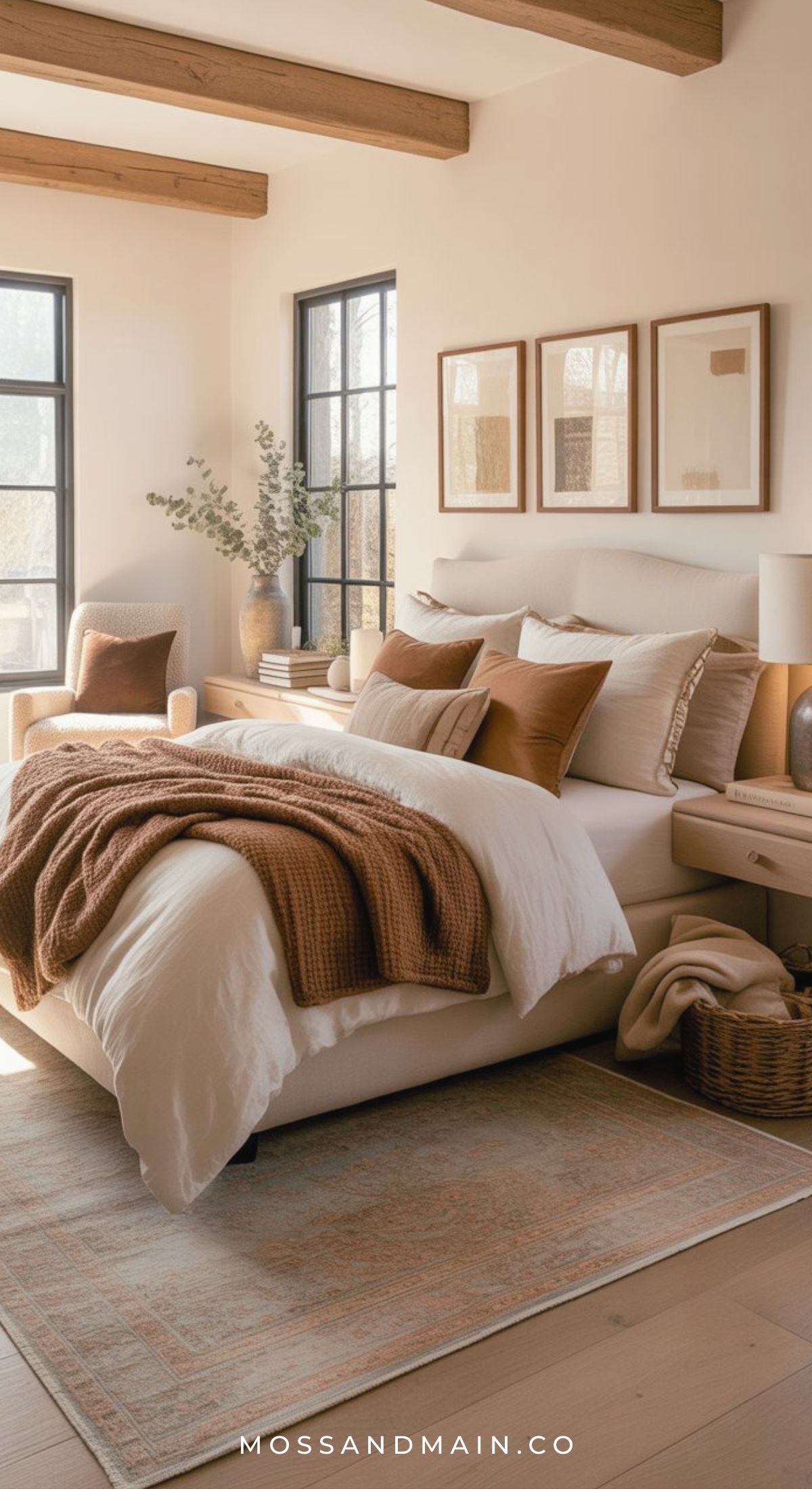 Cozy bedroom ideas come to life in this earthy bedroom with beige walls, a cream bed topped with white and brown bedding, neutral pillows, a tan throw, large windows, wood beams, light wood furniture, framed art, and a woven basket.