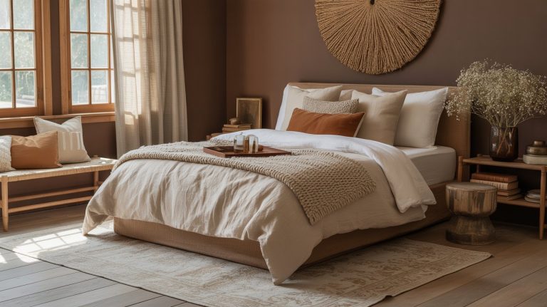A cozy bedroom with warm brown walls, cream and beige bedding, earthy bedroom decor, decorative pillows, a woven wall hanging, wooden furniture, a window bench, and sunlight streaming through tall windows.
