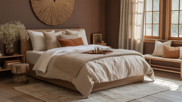 A cozy brown and white bedroom with earth-toned walls, a woven wall hanging above a neatly made bed, a wooden side table, a bench by sunlit windows, and a neutral-patterned rug on the floor.