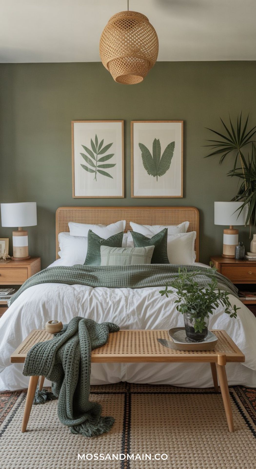 A cozy bedroom inspired by Green Boho Bedroom style features a woven bedframe, green accent pillows, and sage-green walls. Botanical prints above the bed and layered textures with wooden nightstands and plants complete the inviting look.
