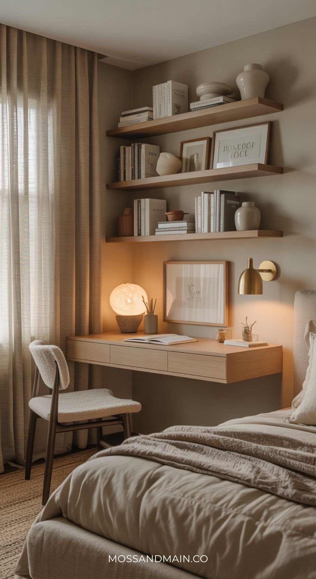 A cozy, neutral-toned bedroom features a wooden desk with books, art, and a glowing lamp—blending modern minimalist office design with beige bedding, a cushioned chair, wall shelves with decor, and soft natural light through sheer curtains.
