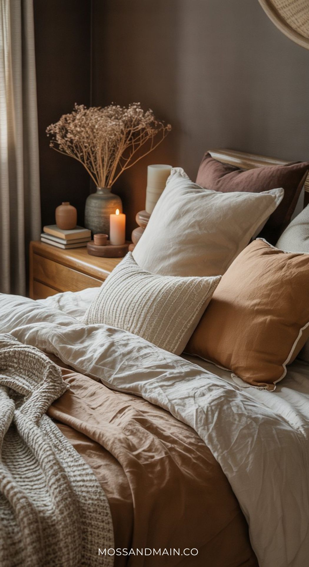 A cozy, layered bedroom with neutral bedding, white and tan pillows, a knit blanket, and a wooden nightstand topped with candles, books, and dried flowers creates a warm slow-living sanctuary.