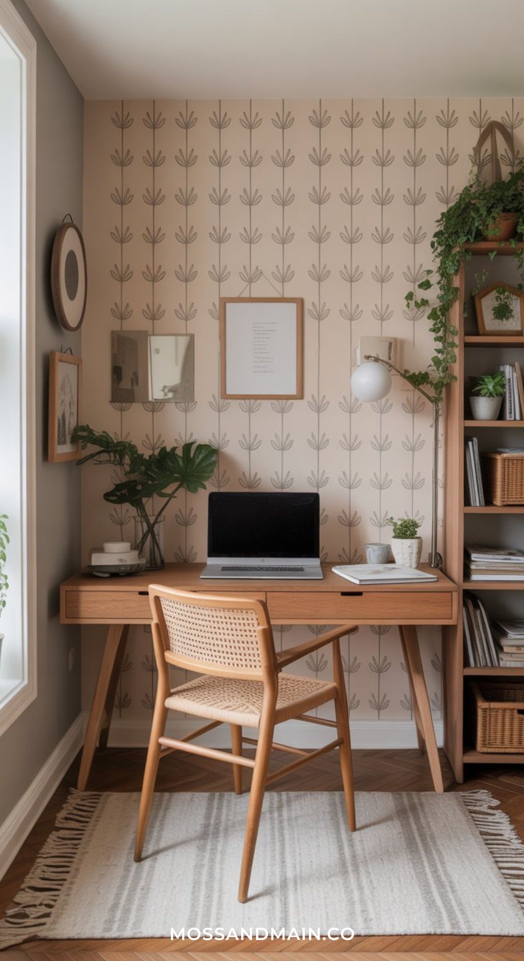 A cozy home office with a wooden desk and chair, a laptop, potted plants, bookshelves, framed art, and patterned wallpaper. Natural light streams in from a nearby window, blending modern minimalist office design ideas for a warm and inviting atmosphere.