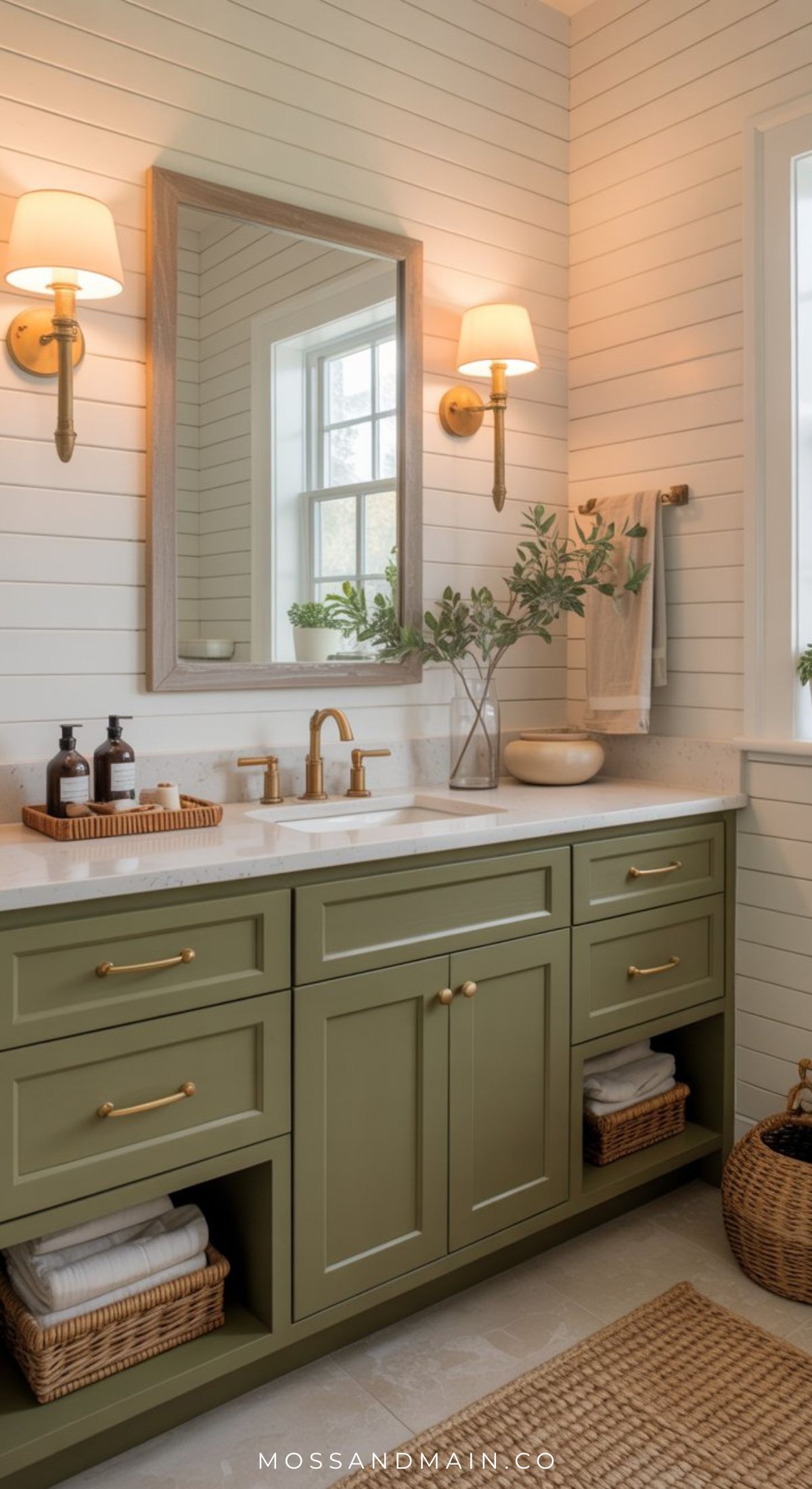 A stylish moody bathroom with sage green cabinets, gold hardware, a white countertop, a large mirror, wall sconces, and baskets with towels on the lower shelves. A vase with greenery adds freshness near the window.