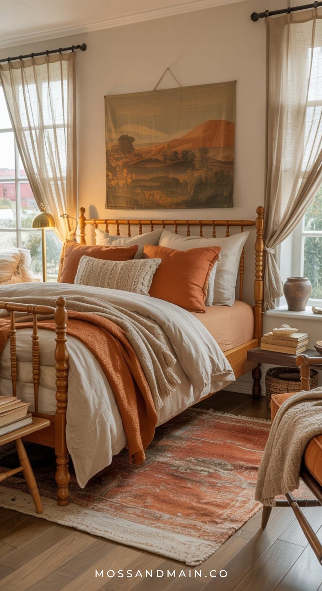 Cozy earthy bedroom with a wooden bed frame, rust orange and cream bedding, patterned rug, books, and soft lighting. Sheer curtains and framed art hang above the bed, creating a warm, inviting atmosphere—perfect for brown bedroom ideas.