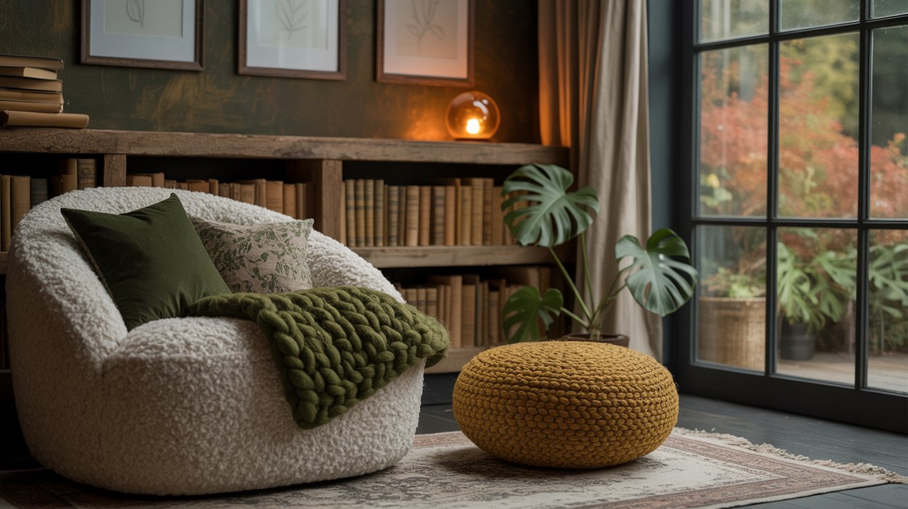This cozy escape features a plush white chair with green pillows, a knitted throw, and a round mustard pouf. Bookshelves, framed art, and a glowing lamp complete one of the dreamiest reading nook ideas by windows overlooking the garden.