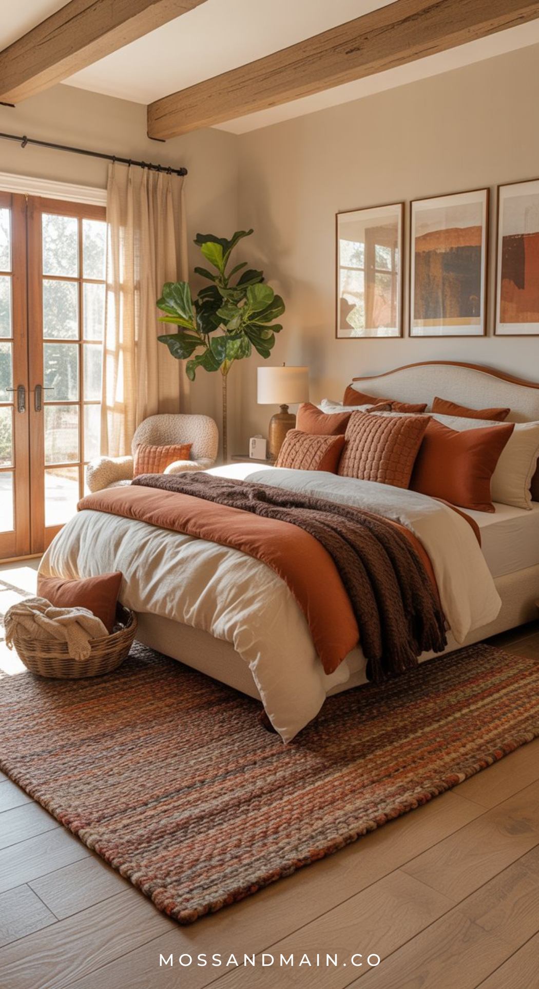 Cozy earthy bedroom with beige walls, a bed featuring rust-colored bedding, woven blanket, and pillows. A basket rests on a textured rug, large plant by the window, and sunlight streams in. Three abstract pictures hang above the bed—perfect for brown bedroom ideas.