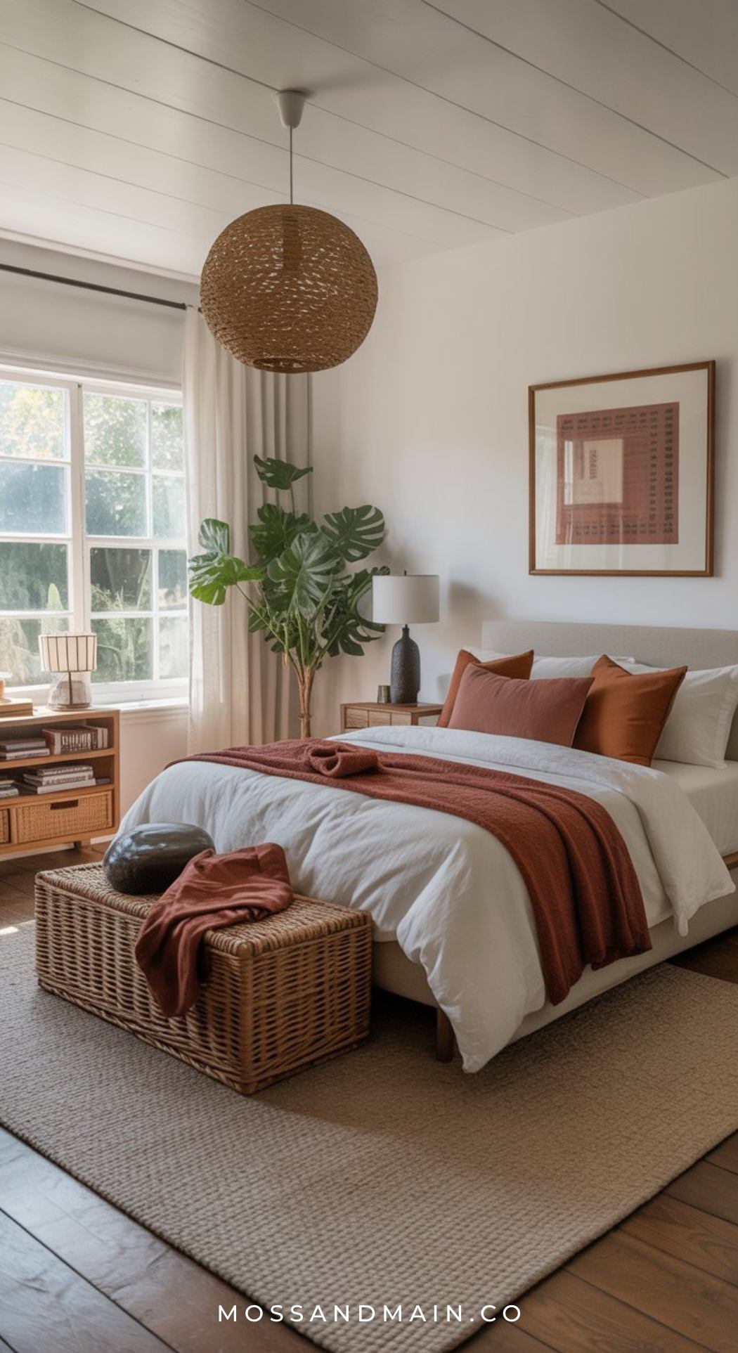 A cozy rust orange and brown bedroom with a white bed, rust-colored pillows and throw, wicker bench, wooden nightstand, large plant, window with sheer curtains, and a woven pendant light. Sunlight streams in, creating a warm, inviting atmosphere.