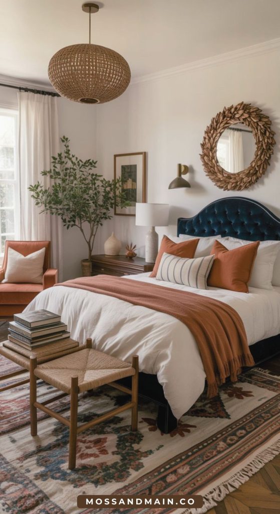 A cozy bedroom features a navy tufted bed with white and rust bedding, a woven bench, an ornate rug, a leafy plant, an orange chair, and a rattan pendant light. A round mirror and terracotta-toned wall art hang above the bed.