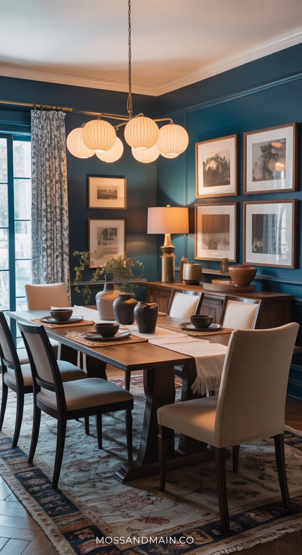 A stylish blue dining room with a wooden table, cream chairs, ceramic dishes, a modern pendant light, framed art on blue walls, patterned rug, and sideboard with decor. Light streams through a large window with patterned curtains—chic Blue Dining Room Ideas.