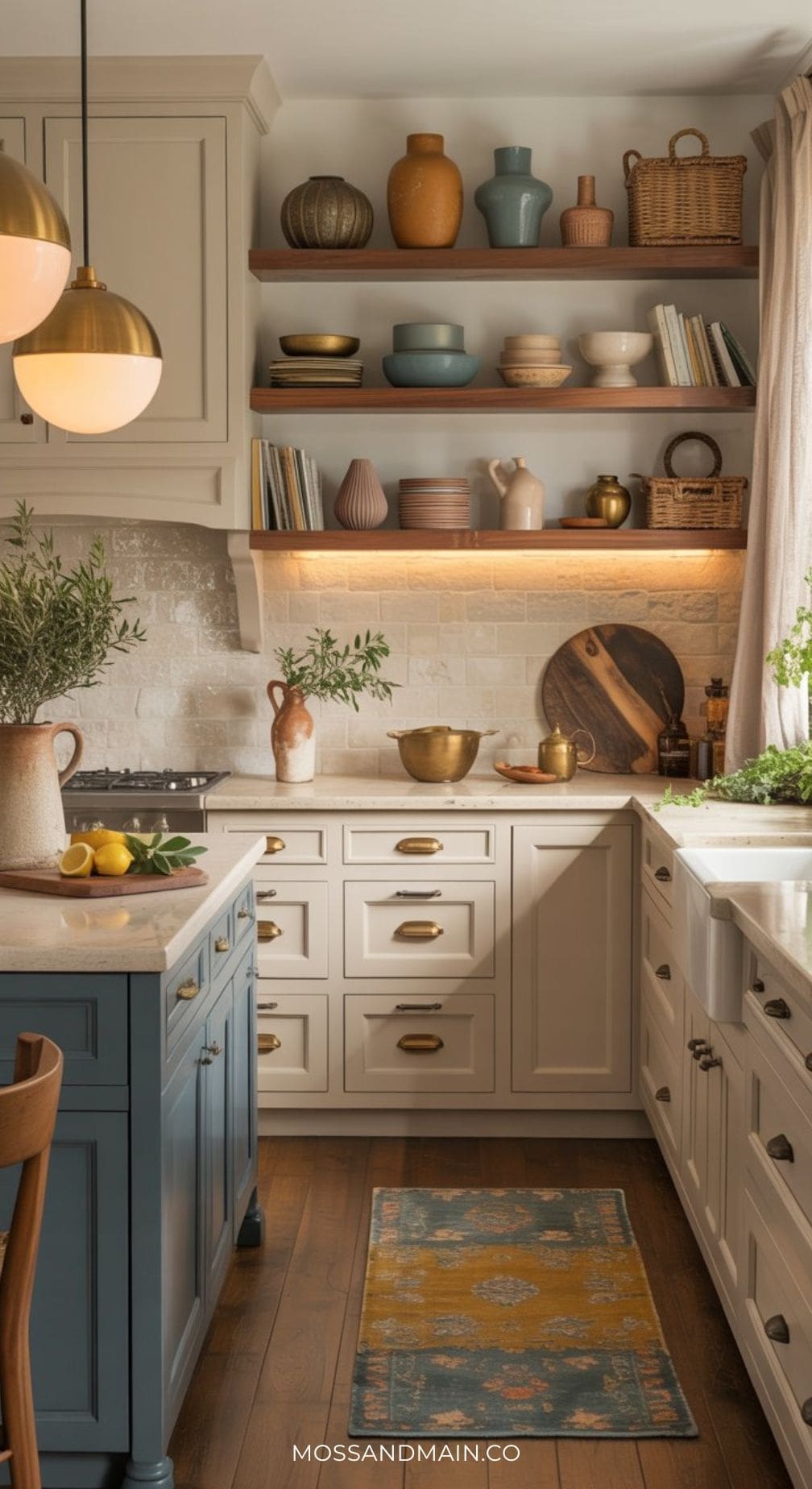 A cozy kitchen with cream cabinets, brass handles, wooden open shelves holding dishes and decor, a blue island, and touches of a blue and mustard color palette. Potted plants, a patterned rug, and sunlight add warmth beside beige curtains.