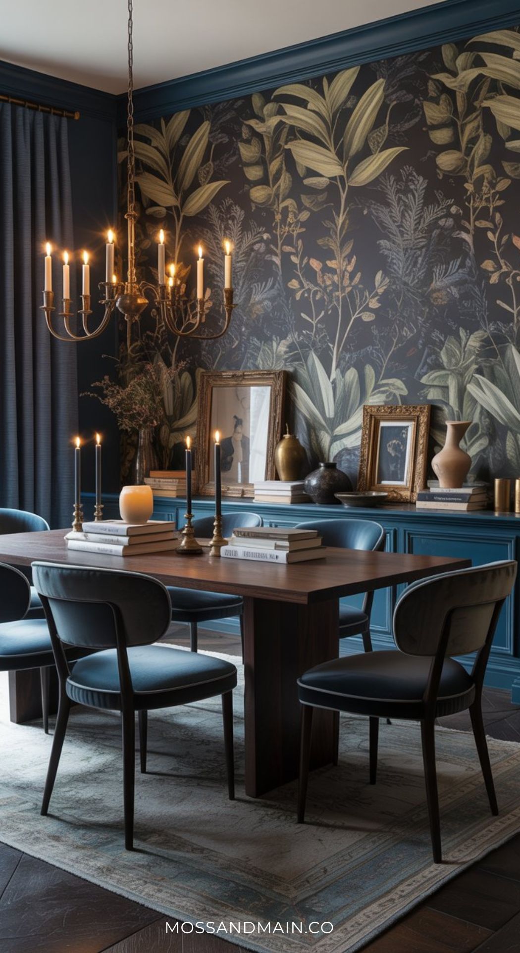 A luxe dining room featuring a dark wooden table, blue velvet chairs, a gold chandelier, candles, and framed art. Moody botanical wallpaper with large leafy designs pairs with deep blue paneling for a dramatic touch.