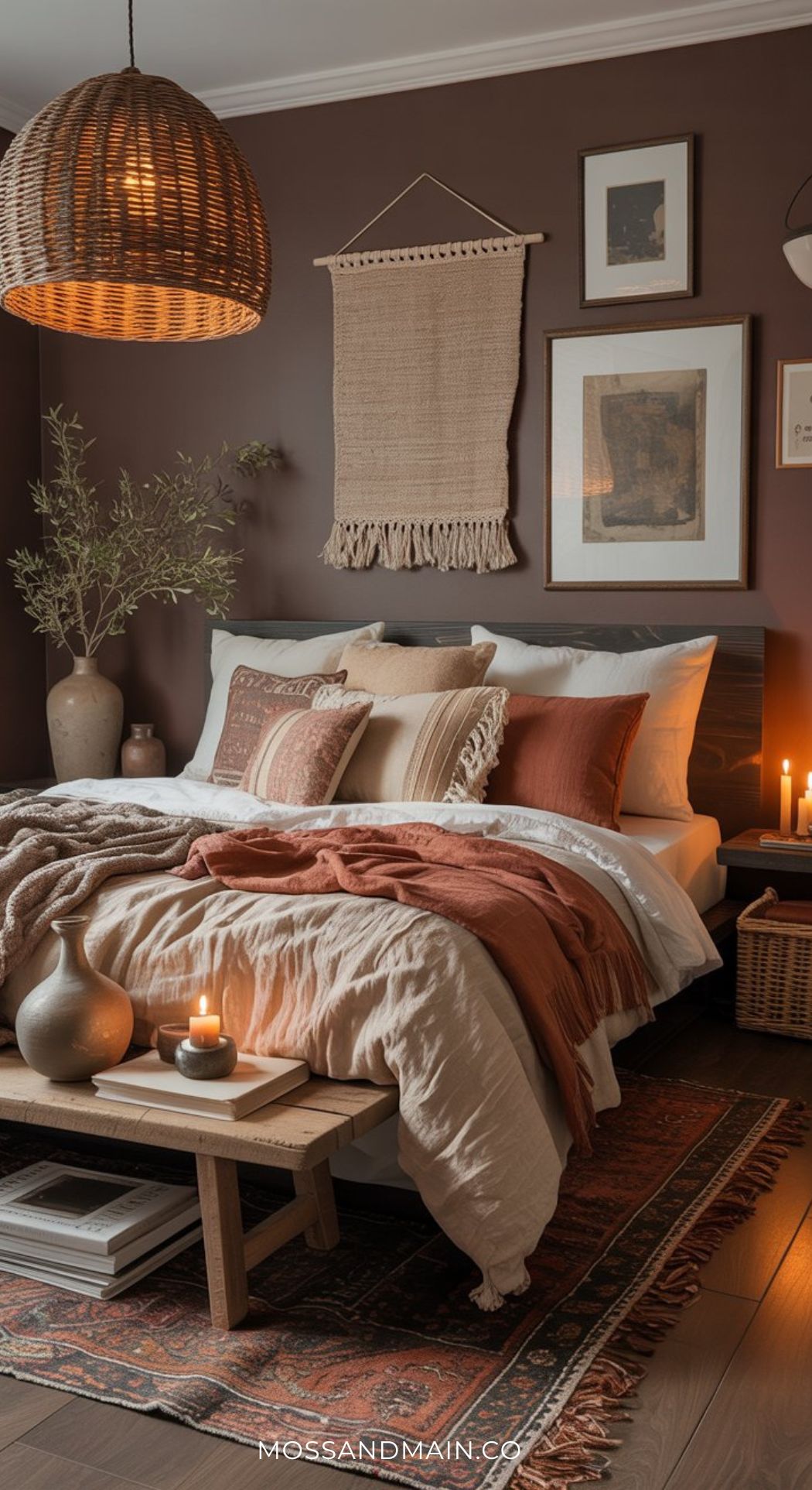 Earthy, cozy mocha bedroom with a brown accent wall, layered bedding in rust and beige, woven pendant lamp, candles, potted plant, wall art, and a rustic bench create a slow-living sanctuary with a warm, inviting atmosphere.