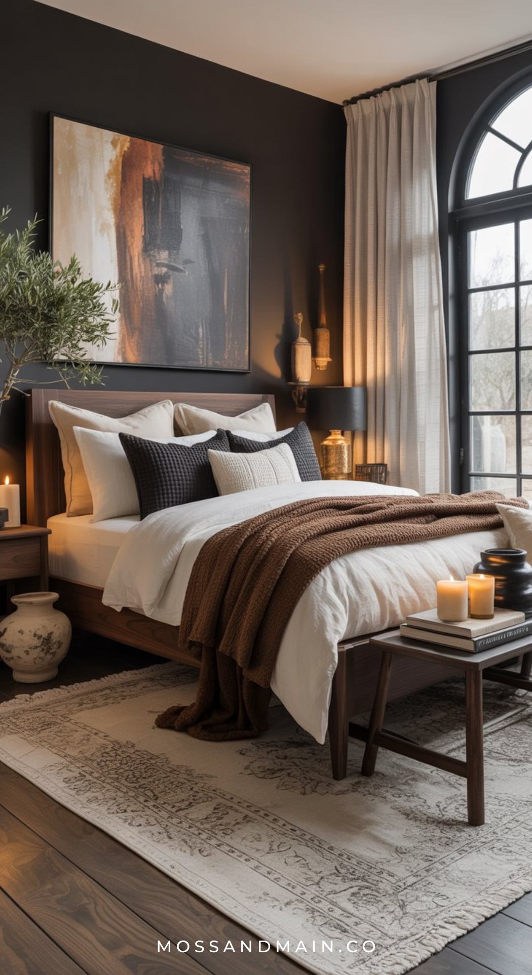 A cozy bedroom with a modern design features brown bedroom ideas like a large bed with white and brown bedding, accent pillows, a brown throw, and a rug. Warm lighting, candles, plants, and abstract art create a calm, inviting atmosphere.