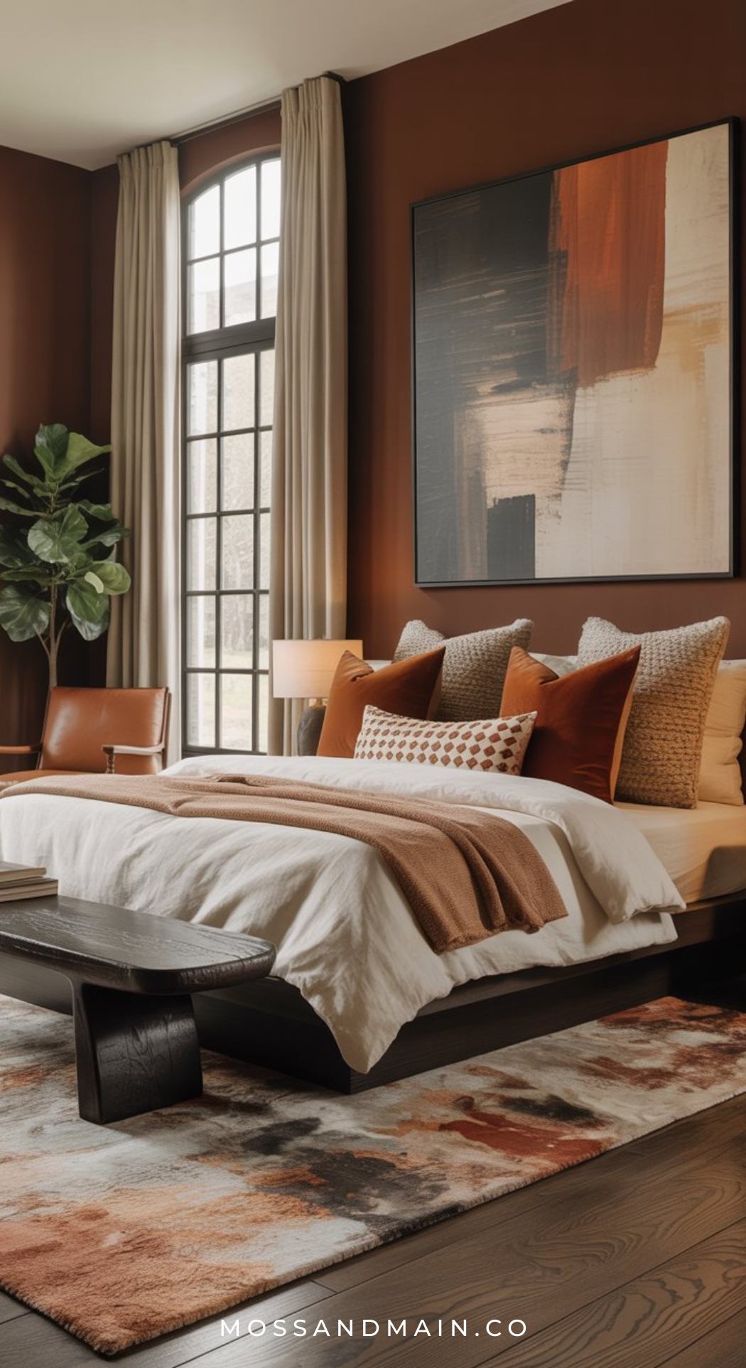 A rust orange bedroom with earthy-toned bedding, a large abstract painting, a wooden bench, a patterned rug, tall windows with beige curtains, and a potted plant in the corner creates inspiring brown bedroom ideas.