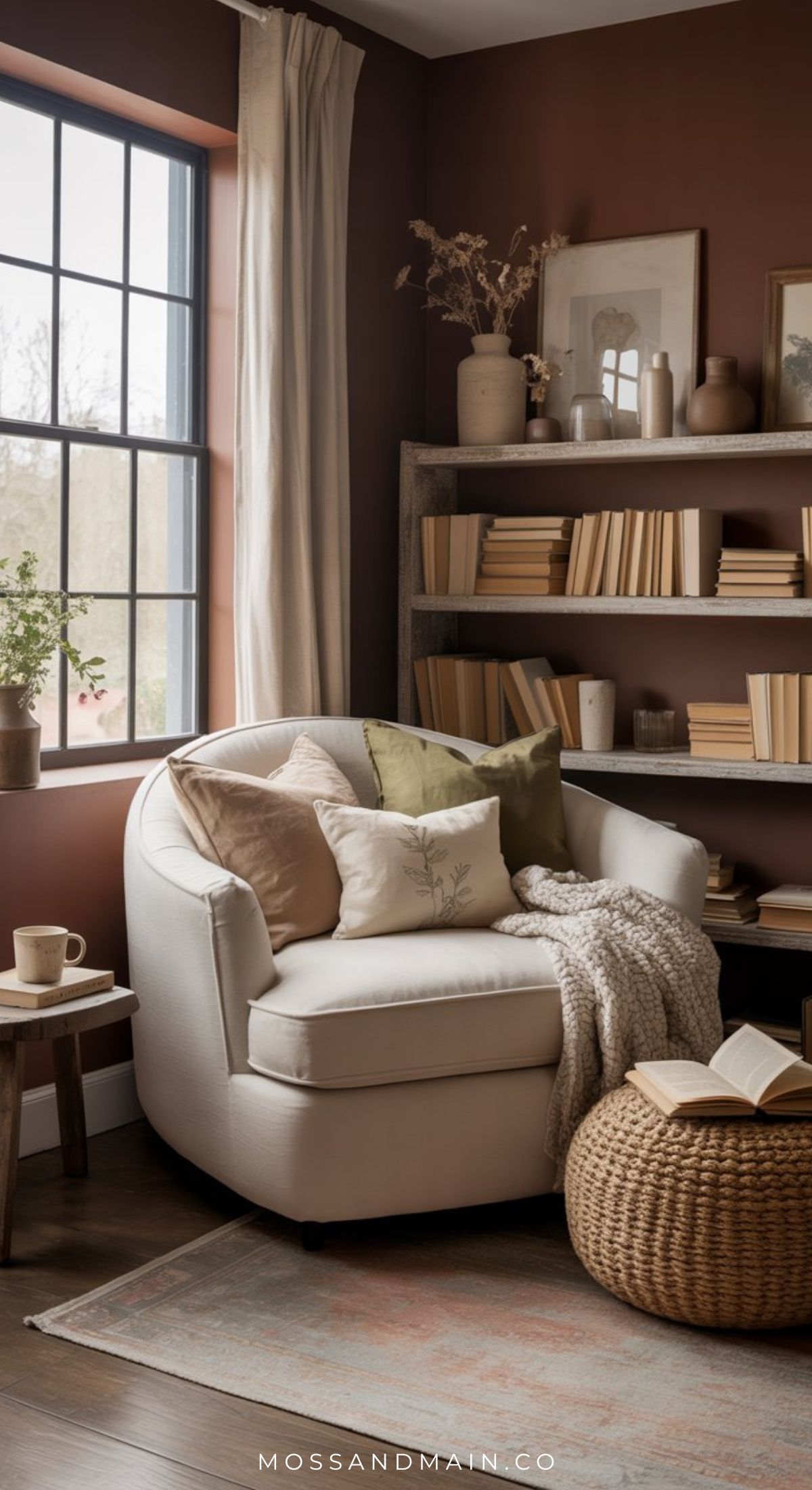 A cozy reading nook with a white armchair, throw blanket, and pillows sits by a window. Discover reading nook ideas with a round woven ottoman, an open book, a wooden bookshelf filled with books, and warm brown walls.