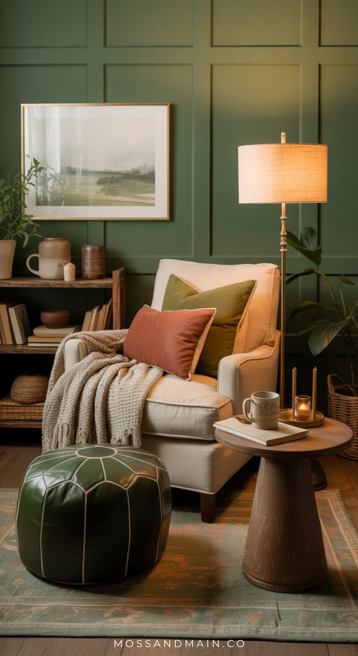 Cozy living room with a cream armchair, green and rust pillows, knit throw, round green ottoman, side table with candle and mug, floor lamp, shelves with books and pottery, green paneled wall, and landscape art.