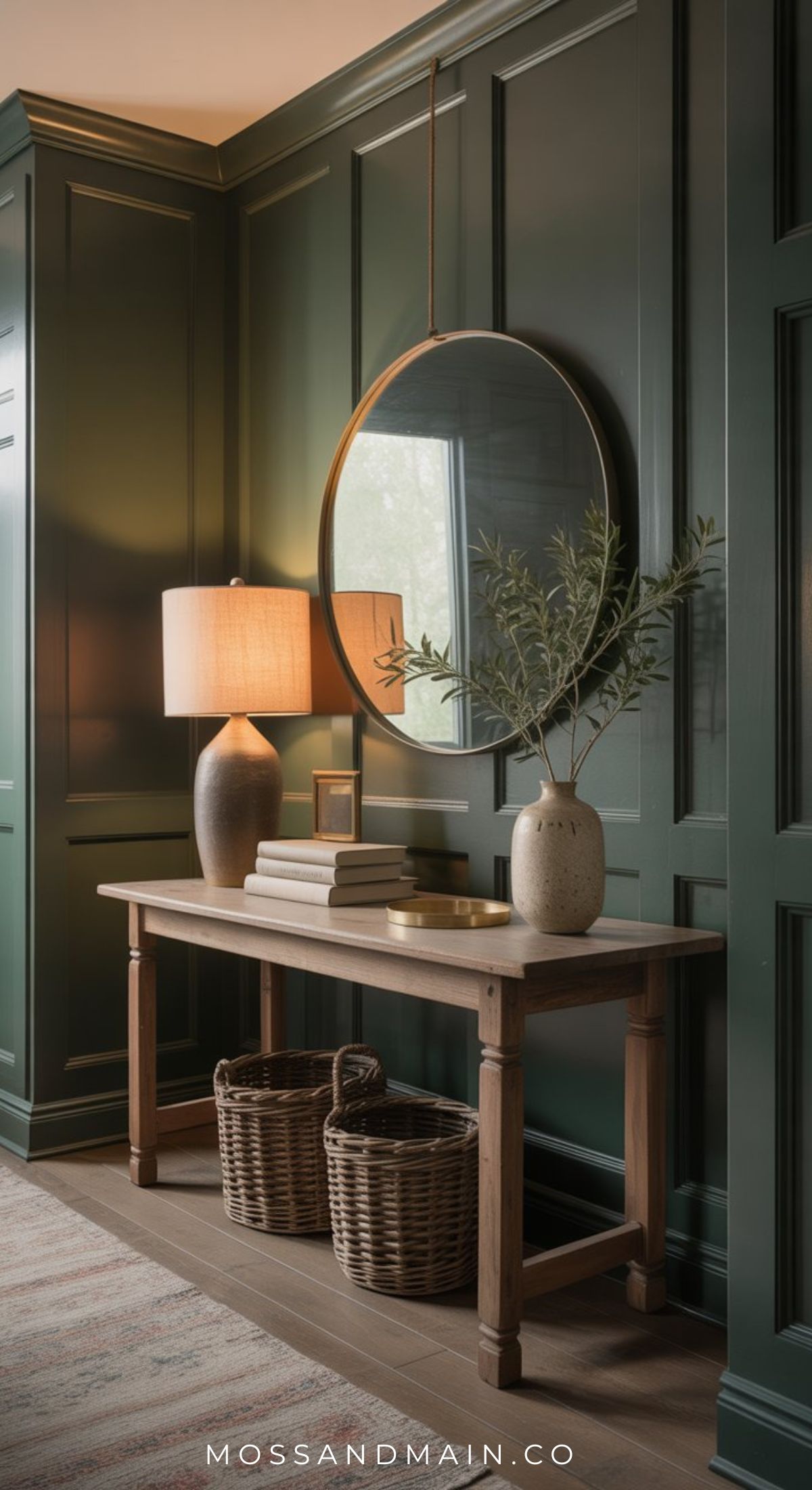 A wooden console table with books, a lamp, and a vase with greenery sits against dark green paneled walls. A large round mirror hangs above, while two woven baskets underneath complete this warm entryway look.