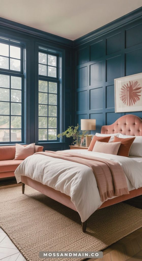 A stylish bedroom with dark blue paneled walls, large windows, a pink tufted bed, and white bedding with pink accents. Modern bedroom decor and hints of rust and terracotta in the jute rug and abstract art spice up this fresh space.
