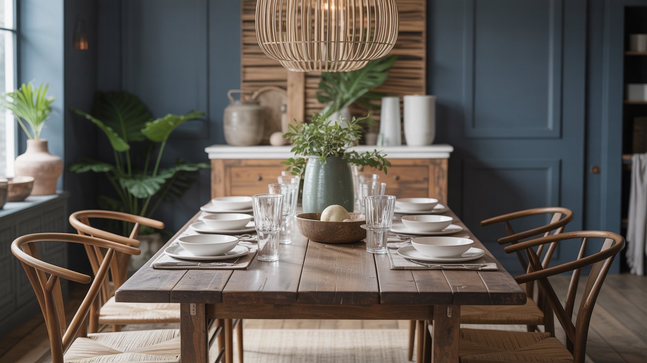 A wooden dining table set for eight with plates, bowls, and glasses sits in a modern dark blue dining room with wooden chairs, green plants, and a large woven pendant light overhead.