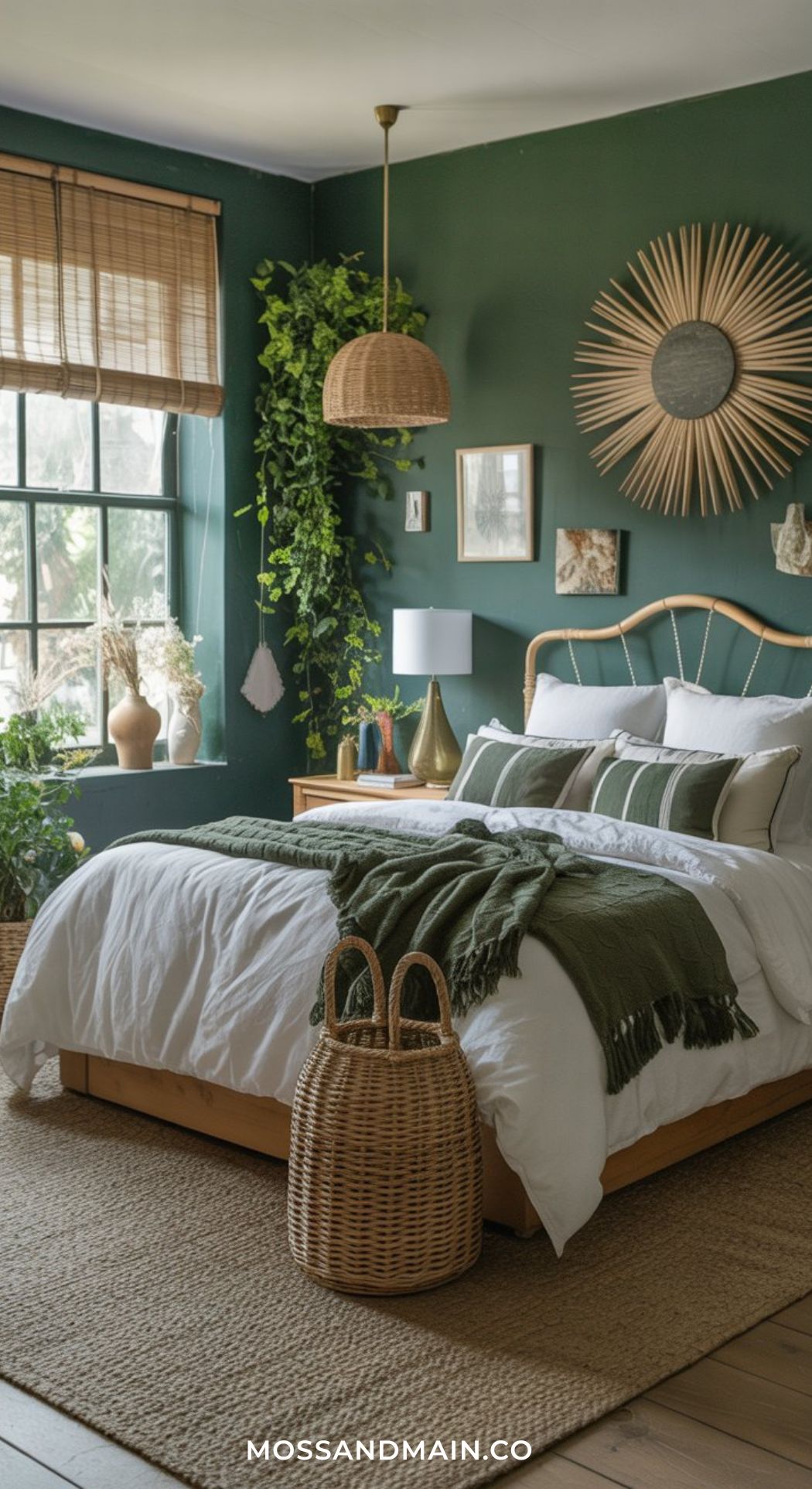 A Green Boho Bedroom with green walls, a wooden bed with white and green bedding, hanging plants, wicker accents, a sunburst mirror, and bamboo shades creates the perfect cozy bedroom vibe filled with natural light.