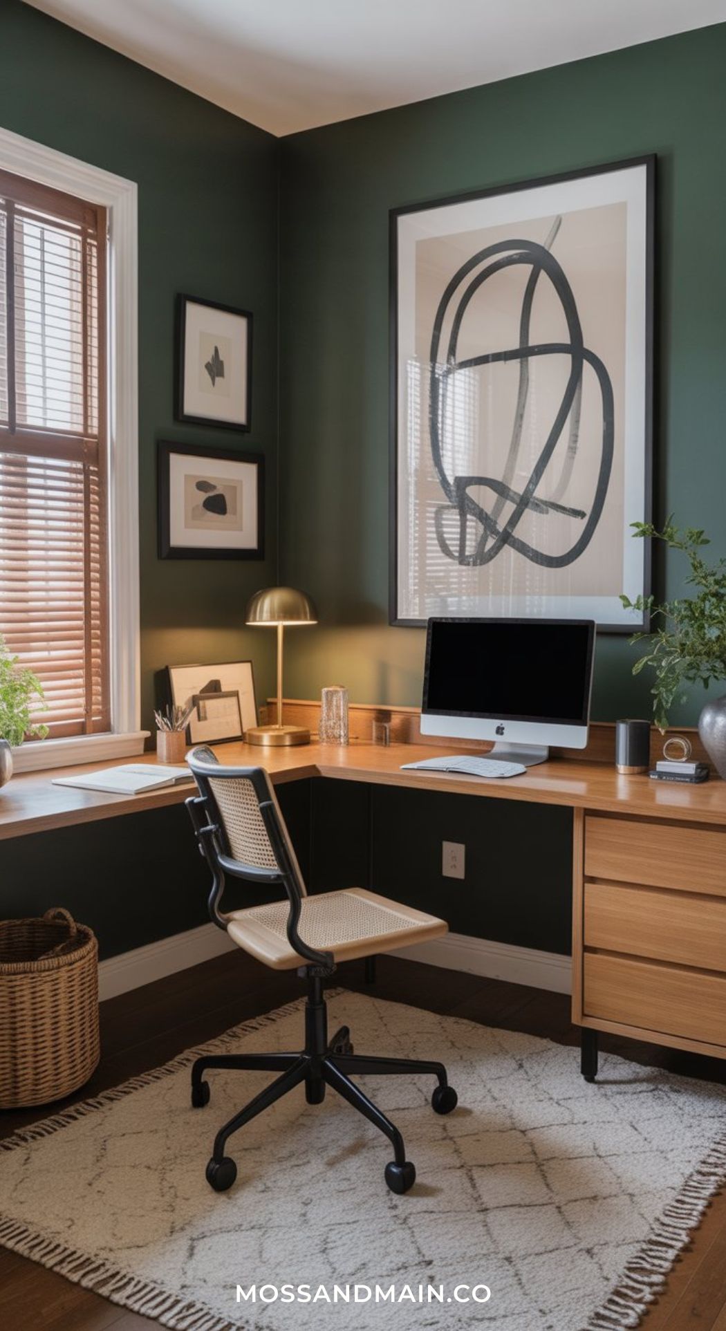 A modern minimalist office design with dark green walls, a wooden corner desk, computer, desk lamp, woven chair, and decorative art. Natural light streams in through window blinds, while a rug adds warmth to this inviting workspace.
