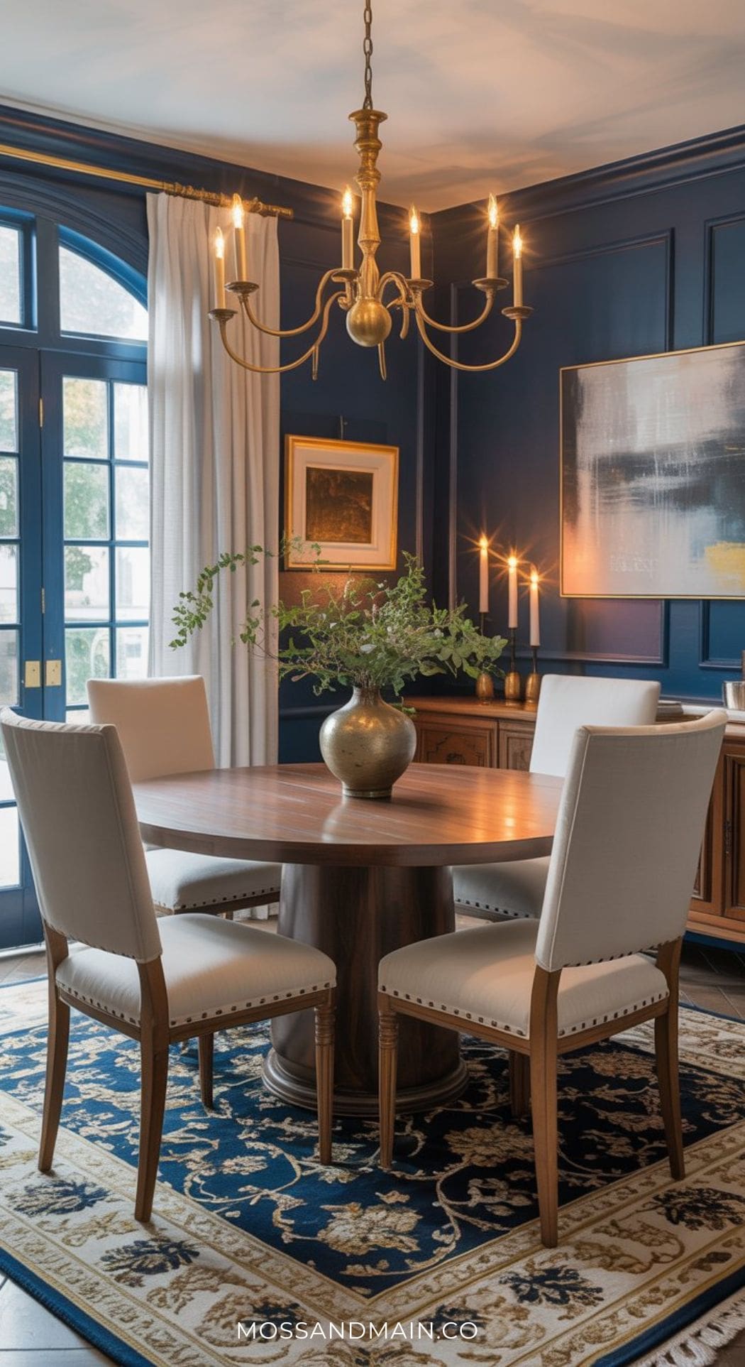 A stylish blue dining room with a round wooden table, four upholstered chairs, a gold chandelier, navy blue walls, large windows with white curtains, and artwork. A decorative rug and potted plant complete this elegant blue dining room setting.