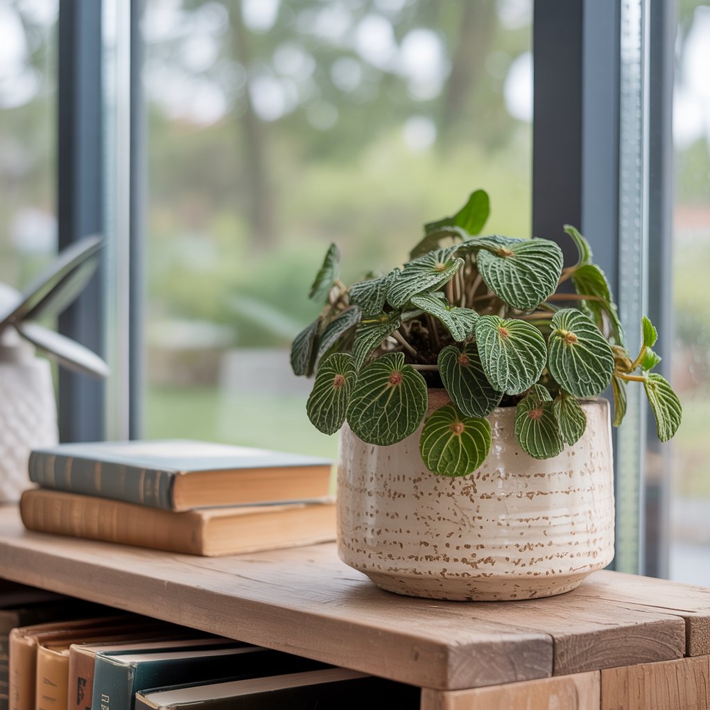 A potted, easy to care for houseplant with textured green leaves sits on a wooden shelf next to stacked books, by a large window with a blurred view of greenery outside.
