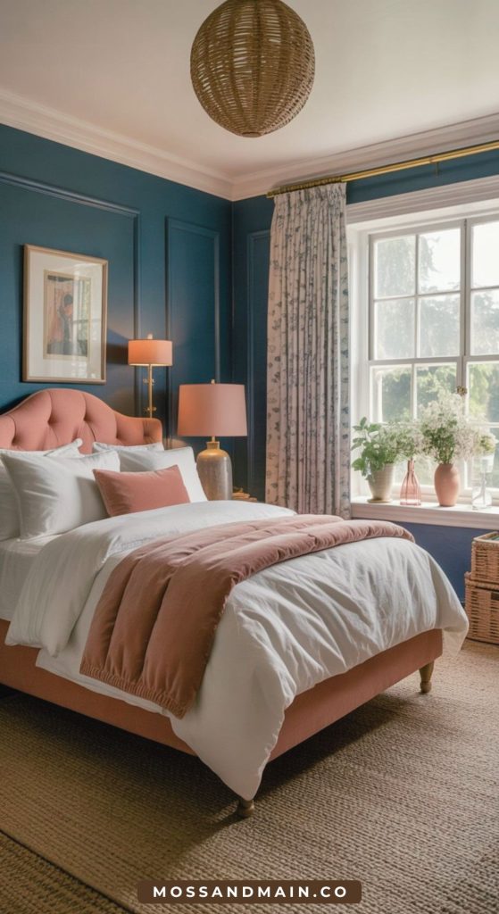 A cozy bedroom with a pink upholstered bed, white bedding with mauve and rust accents, blue paneled walls, two bedside lamps, a large window with patterned curtains, and potted plants on the windowsill.