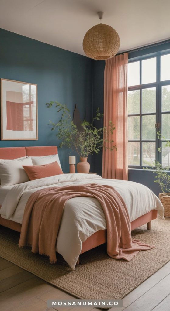 A cozy bedroom with a teal accent wall, large window, peach curtains, and a bed with white and peach bedding. Potted plants and minimal bedroom decor create a serene vibe—perfect for those seeking fresh bedroom color ideas.