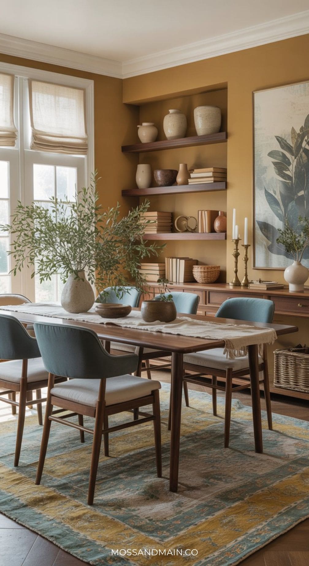A modern dining room with a blue and mustard color palette, featuring mustard yellow walls, a wooden table, blue upholstered chairs, patterned rug, large plant centerpiece, and open shelves with pottery, all bathed in sunlight from expansive windows.