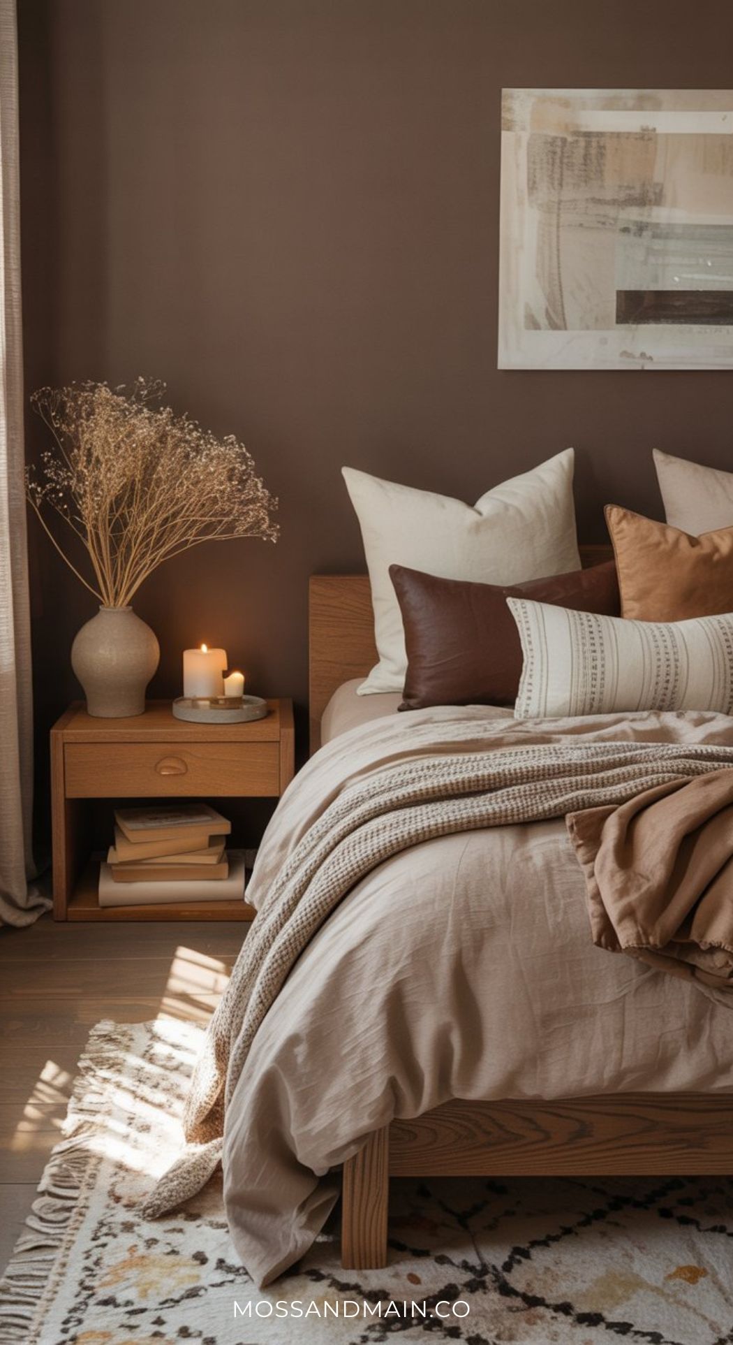 A cozy mocha bedroom with a wooden bed, layered neutral bedding, pillows, and a knit throw. A nightstand holds dried flowers, stacked books, and lit candles—perfect for slow living inspiration and chic bedroom ideas. Framed artwork hangs above.
