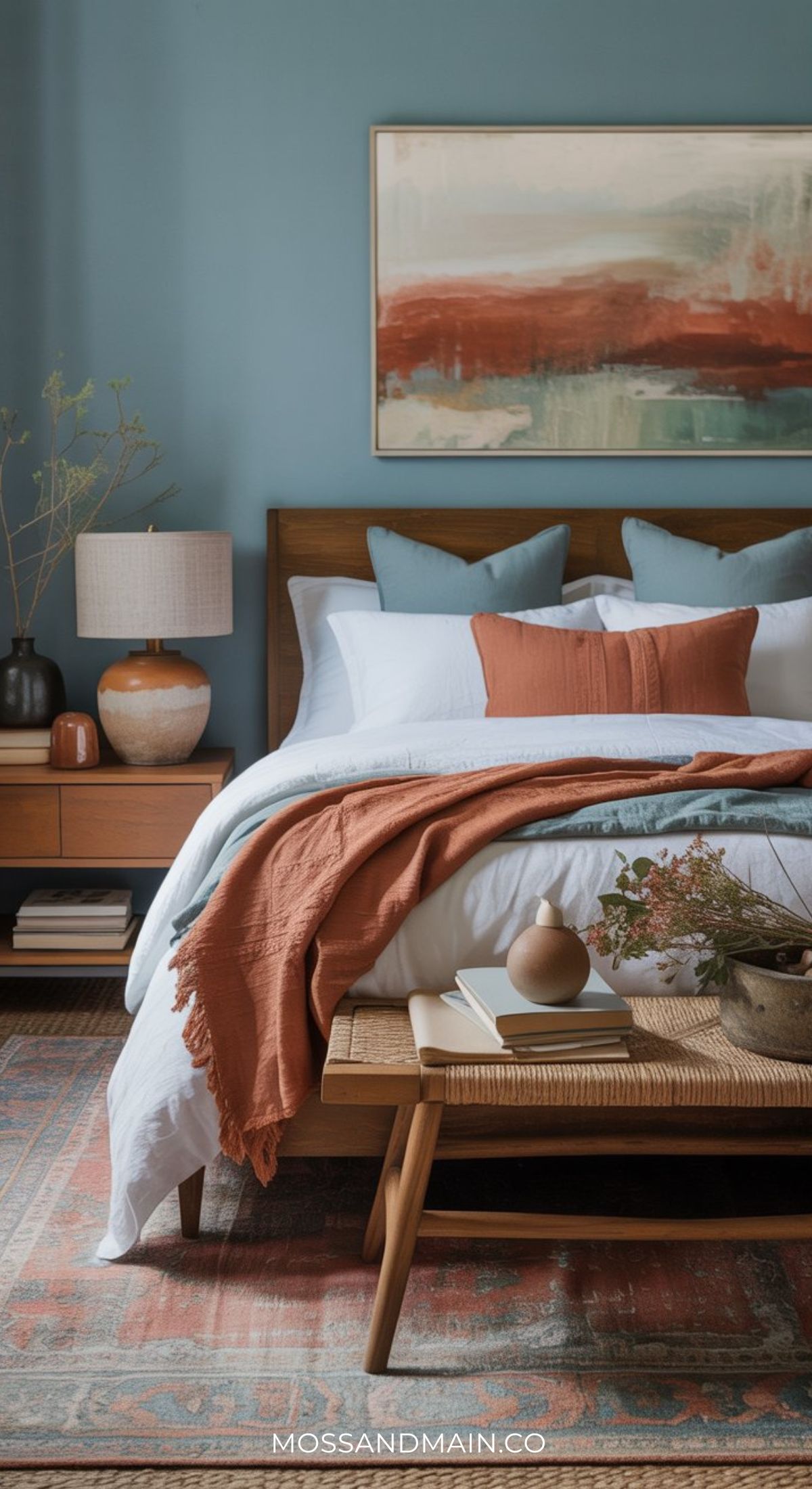 A cozy, elegant bedroom with duck egg blue walls, a wooden bed, white and light blue bedding, and rust-colored accents. A bench sits at the foot, a nightstand holds a lamp and books, and modern art hangs above—perfect for bedroom ideas.