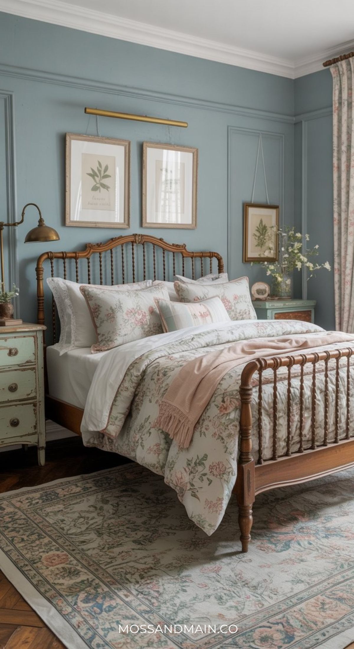 A cozy, elegant bedroom features a wooden spindle bed with floral bedding, a pale pink throw, and vintage-style nightstands. Soft duck egg blue walls, botanical artwork, and a patterned rug create a serene atmosphere full of inspiring bedroom ideas.