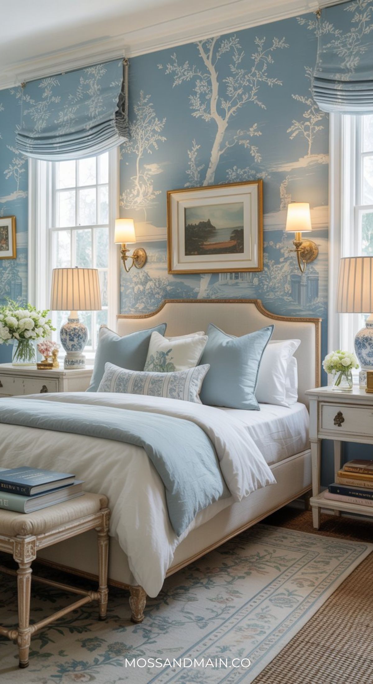 Elegant bedroom with blue and white decor, patterned wallpaper, a bed with duck egg blue and white pillows, two nightstands with lamps, floral arrangements, and framed art above the headboard—perfect for inspiring your next bedroom ideas. Natural light streams through two windows.