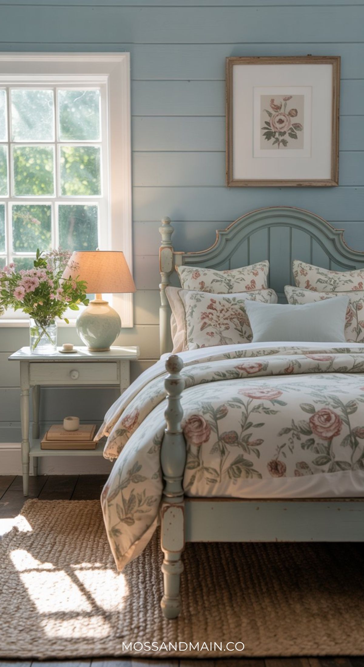 An elegant, cozy bedroom featuring a duck egg blue wooden bed, floral bedding, and a matching nightstand with a lamp and vase of flowers. Sunlight streams through the window, inspiring charming cottage-style bedroom ideas.