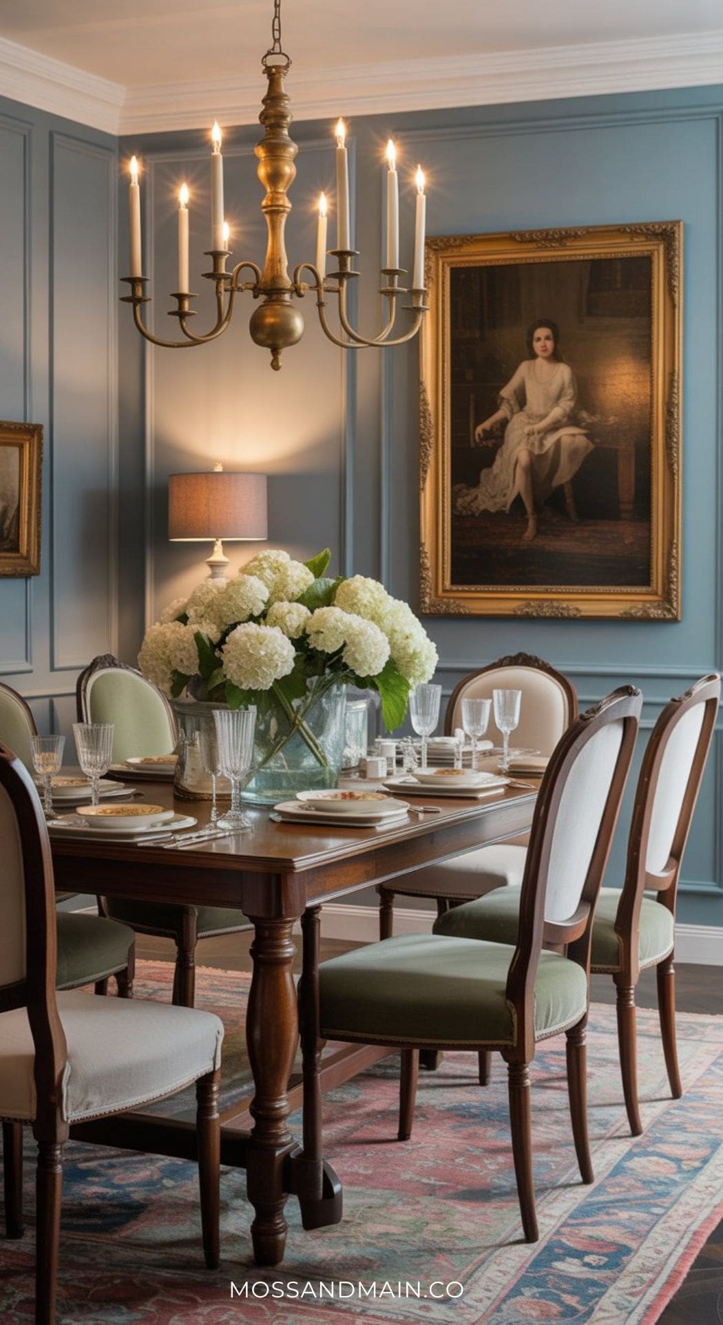 Elegant dining room with a wooden table, six upholstered chairs, a vase of white flowers, and place settings. Blue paneled walls feature framed art—including a large portrait—showcasing inspiring Blue Dining Room Ideas. A brass chandelier hangs above.