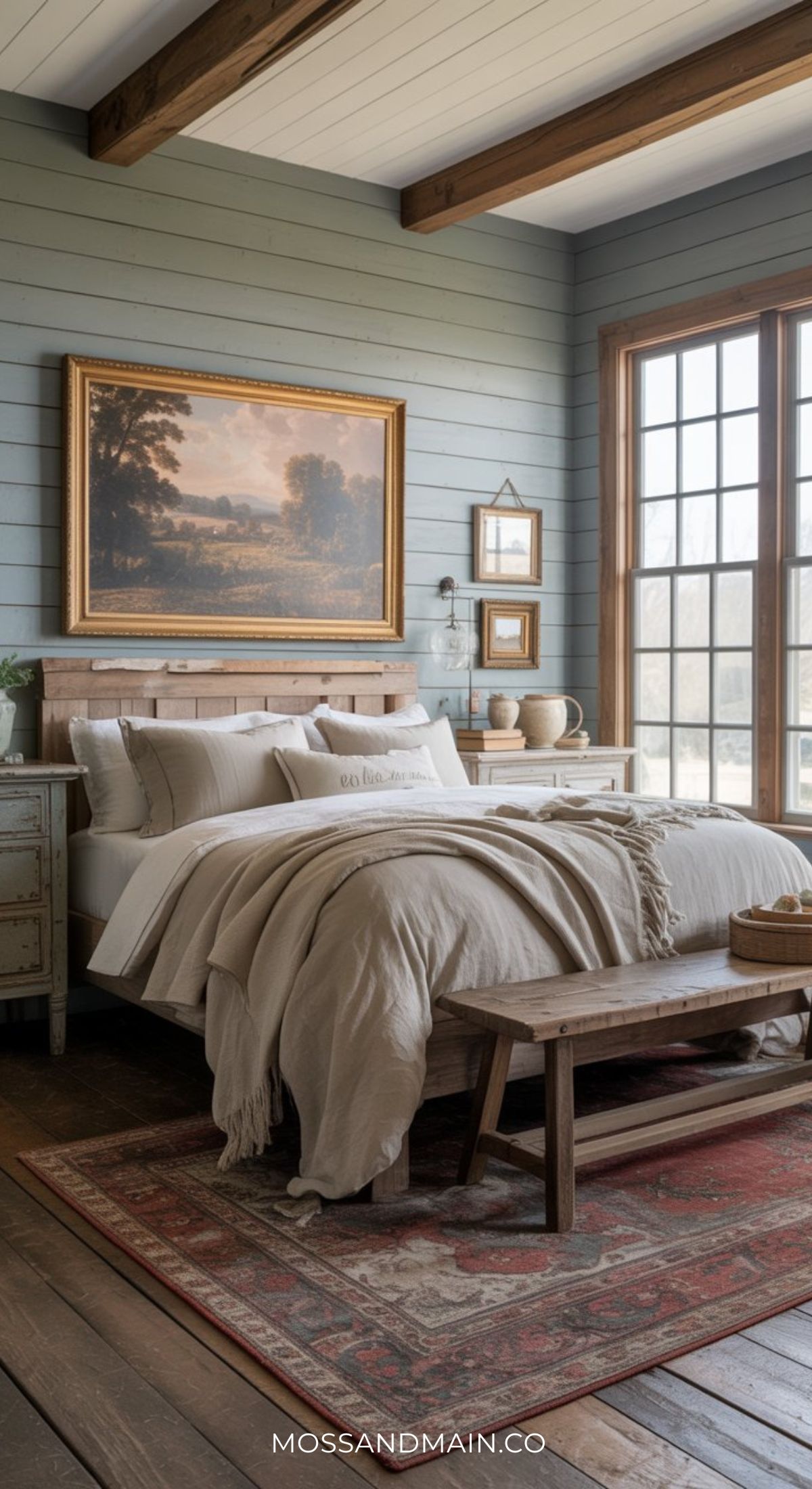 A cozy bedroom with a wooden bed, beige linens, large windows, rustic furniture, and landscape art above the bed—perfect for elegant bedroom ideas. Sunlight streams in, highlighting neutral tones and creating a serene, inviting atmosphere.