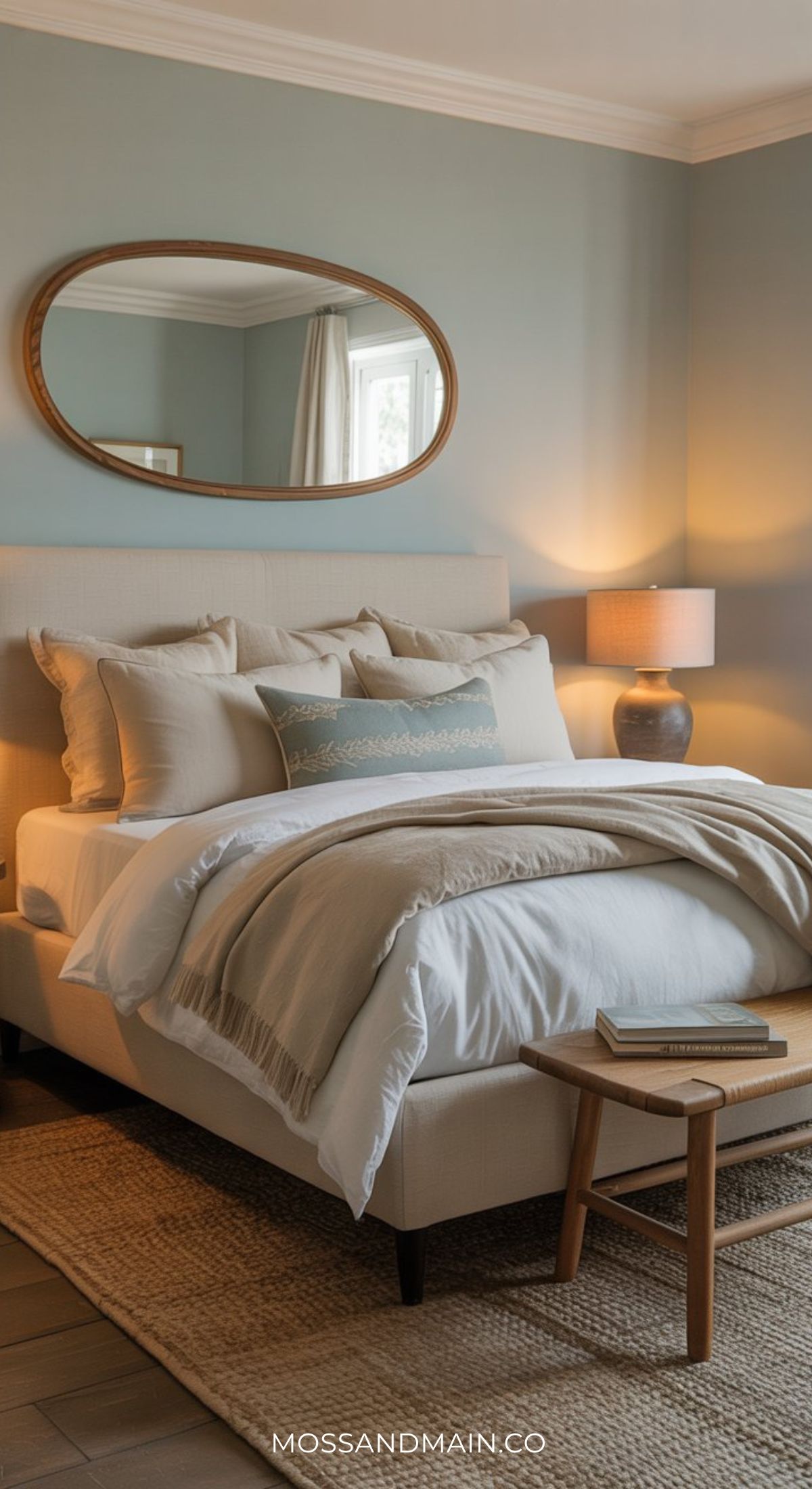 A cozy Duck Egg Blue Bedroom featuring a beige upholstered bed, layered bedding, a wooden bench at the foot, a table lamp on a nightstand, a woven rug, and an oval mirror on a soft light blue wall—an elegant bedroom idea.