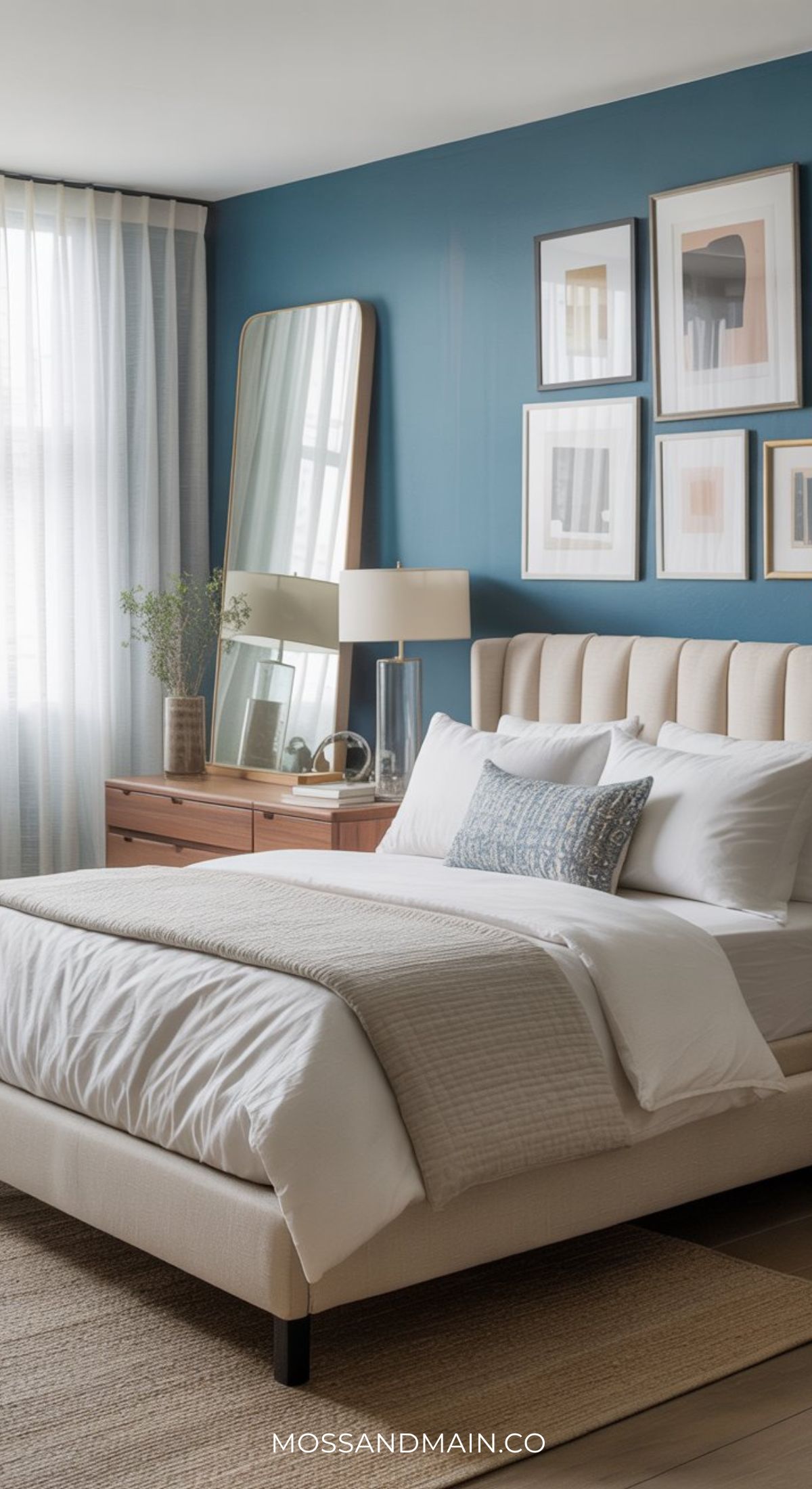 A modern, elegant bedroom with a beige upholstered bed, white bedding, and a duck egg blue accent wall. There’s a wooden dresser with mirror, stylish décor items, and framed art above the bed. Sunlight filters through sheer curtains.