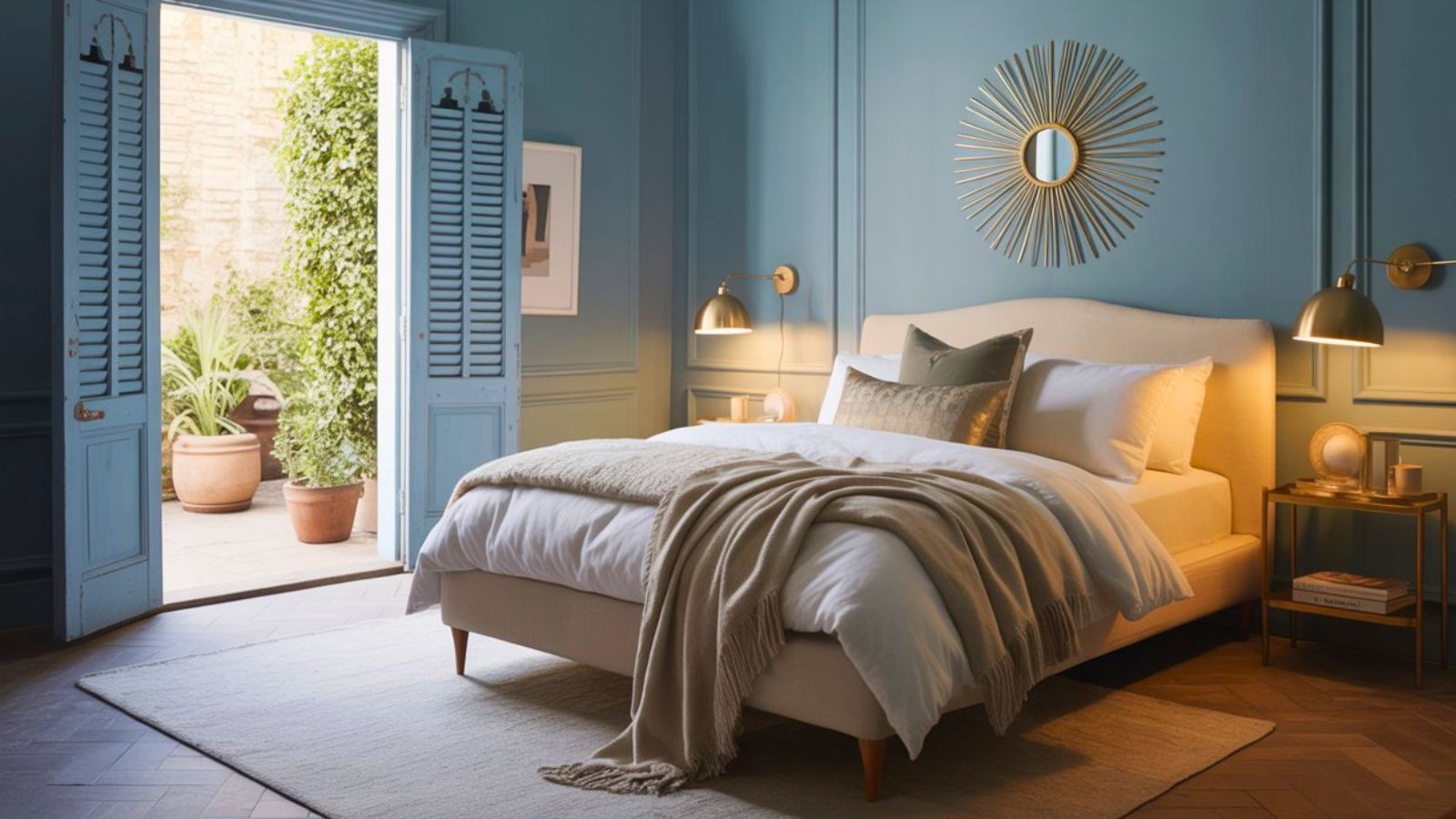 An elegant bedroom with duck egg blue walls, a sunburst mirror, and a beige bed adorned with pillows and a throw blanket. Double doors open to a patio with potted plants, flooding this cozy space with natural light—perfect for bedroom ideas.