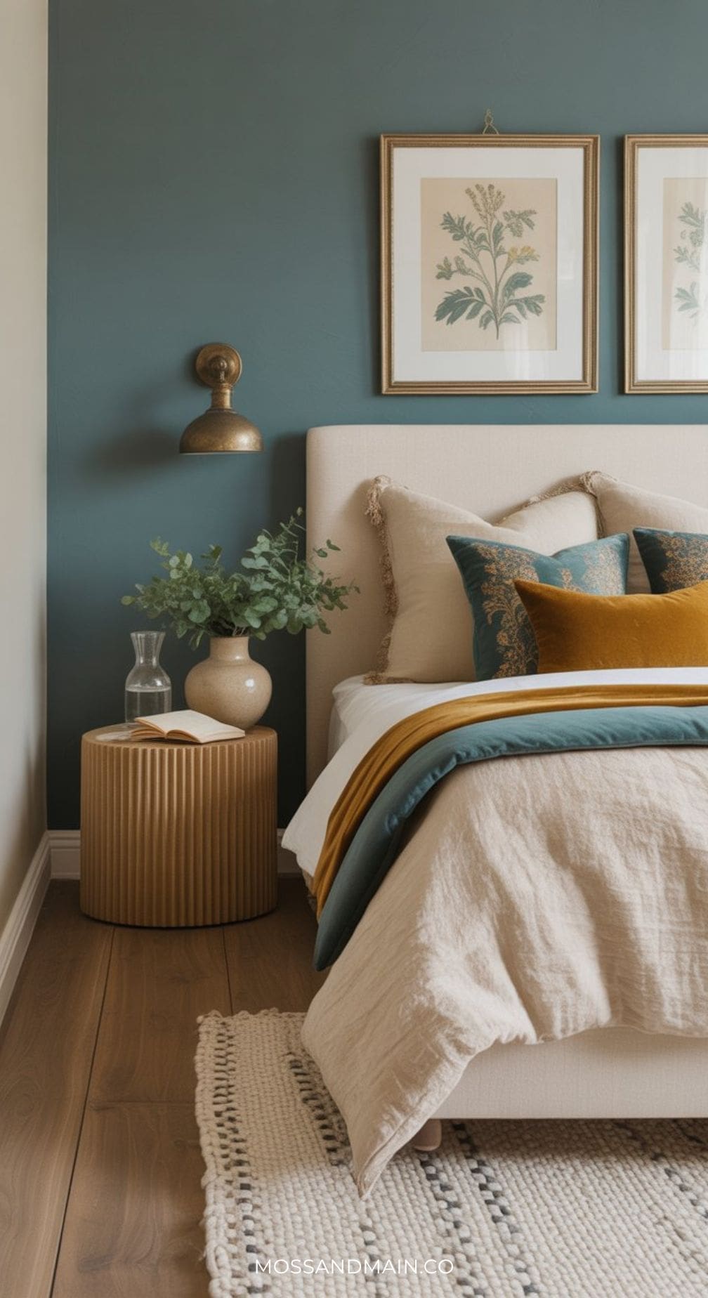 A cozy bedroom with a beige tufted bed, layered pillows and blankets in a blue and mustard color palette, a round wooden nightstand with a vase of greenery, and botanical prints on a teal accent wall.
