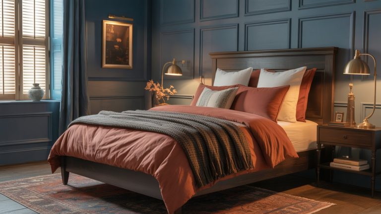 A cozy earthy bedroom with a wooden bed featuring rust-colored bedding and a gray throw blanket, flanked by nightstands and brass lamps, set against dusty blue paneled walls and a window with shutters letting in daylight.