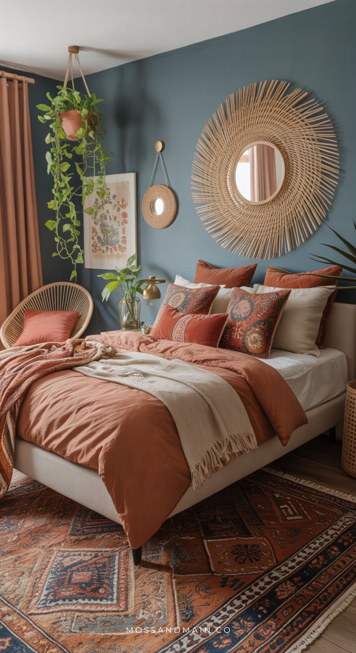 A cozy earthy vibe fills this dusty blue bedroom with warm orange bedding, patterned pillows, a woven rug, and boho decor. Natural touches from a rattan mirror, chair, and hanging plant pair with warm lighting for an inviting atmosphere.