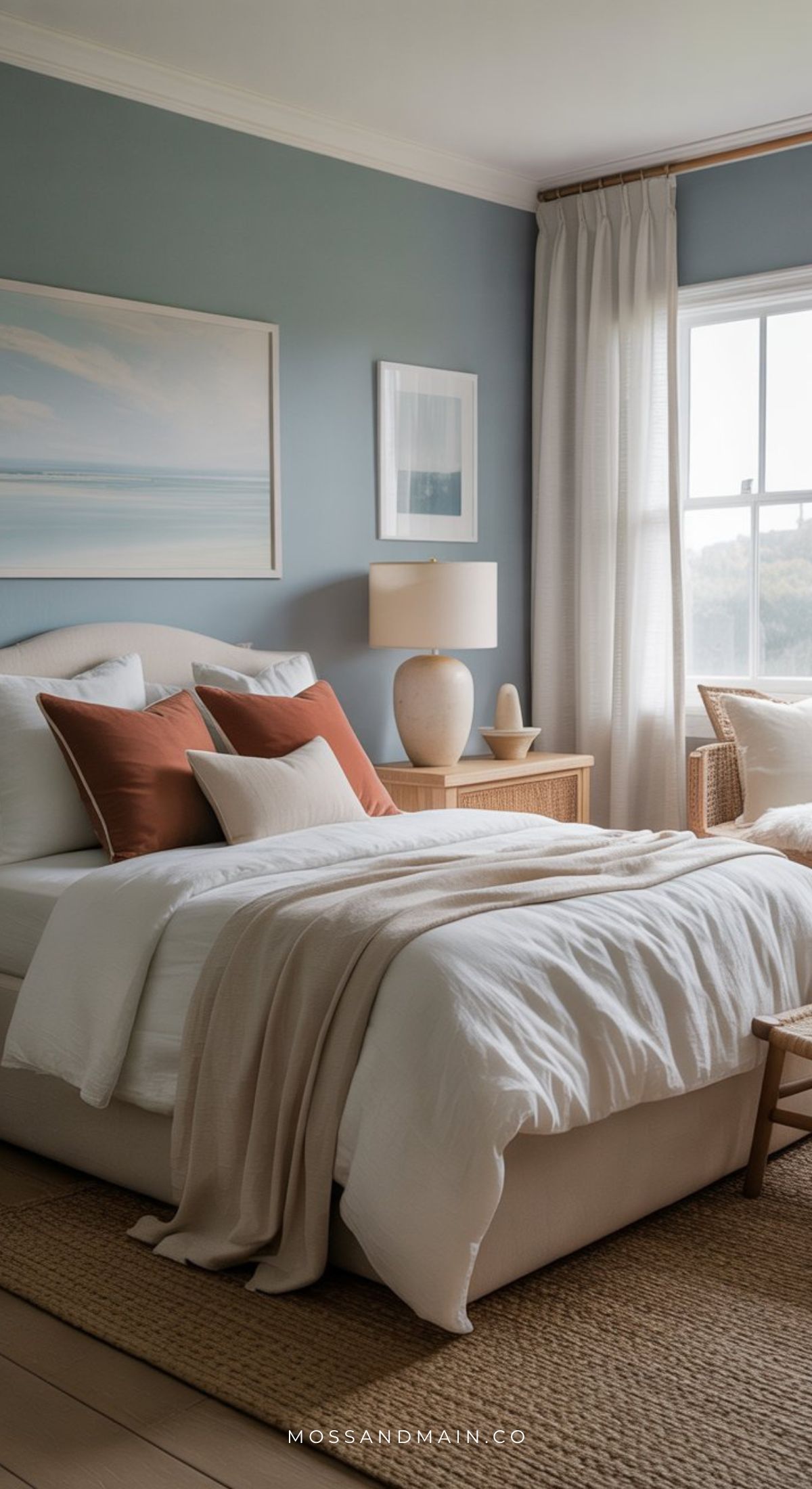 A cozy bedroom with a neatly made bed featuring white and beige bedding, rust-colored accent pillows for cozy earthy vibes, a wooden nightstand with a lamp, and soft natural light through sheer curtains. Coastal artwork hangs above the bed.